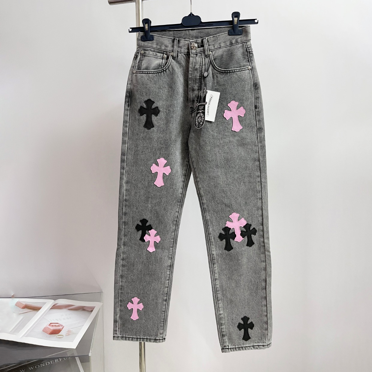 NIGO Chrome Hearts Men's and Women's Spring and Fall Cross Calfskin Labeled Black Jeans Pants #nigo73497