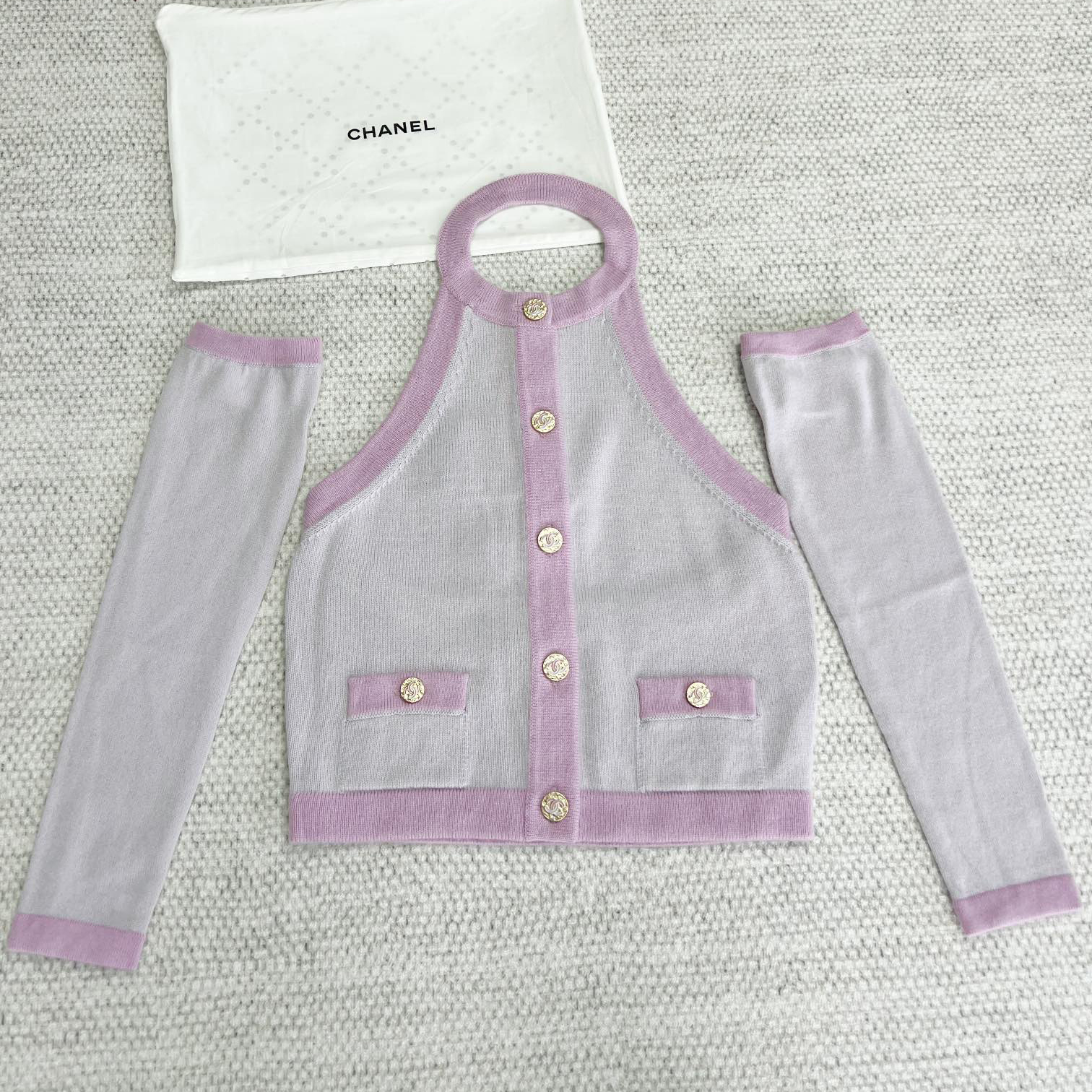 NIGO Chanel Women's Spring And Summer Color Blocking Neck Knit Single breasted Undershirt Knit Sweater Jacket Sleeve Set #nigo73527