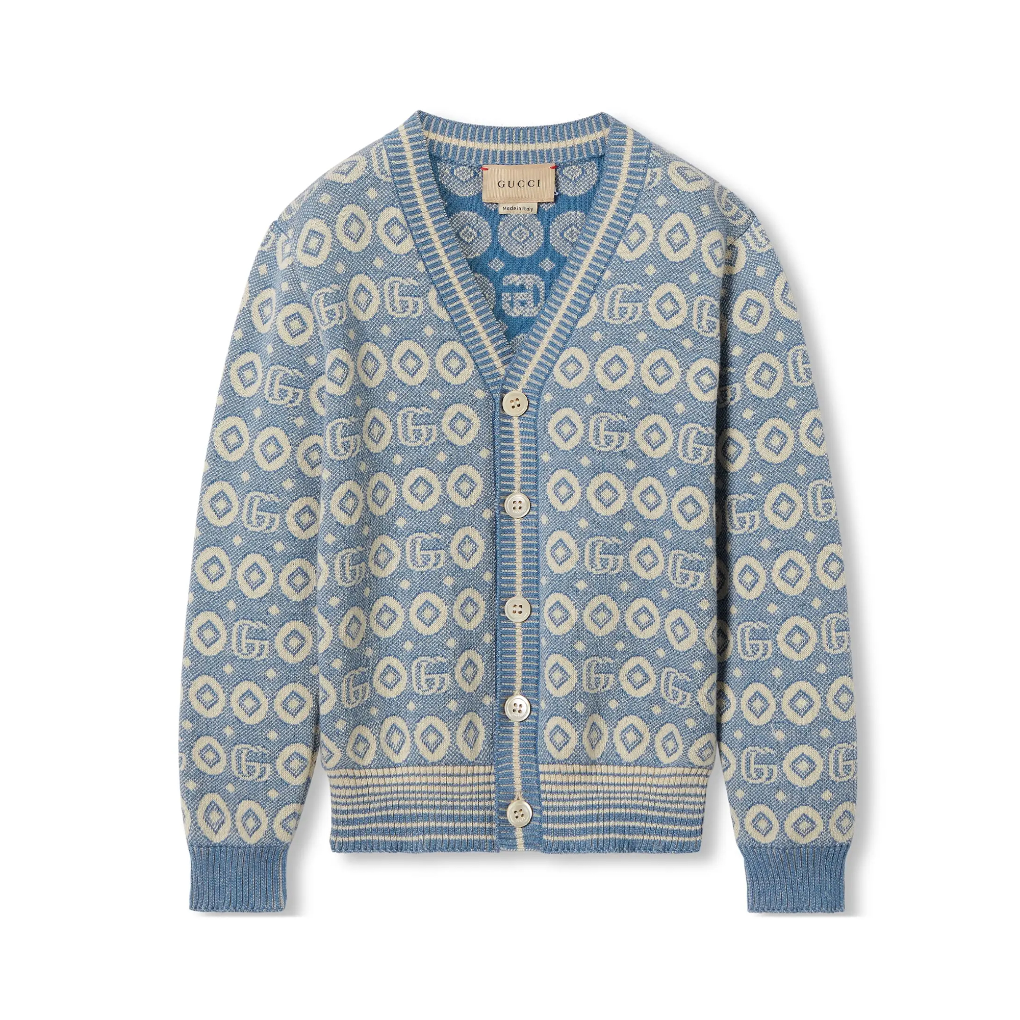 NIGO Gucci Kid's Spring And Autumn Blue Double G Printed V-Neck Long Sleeve Cotton Single Breasted Cardigan #nigo31354