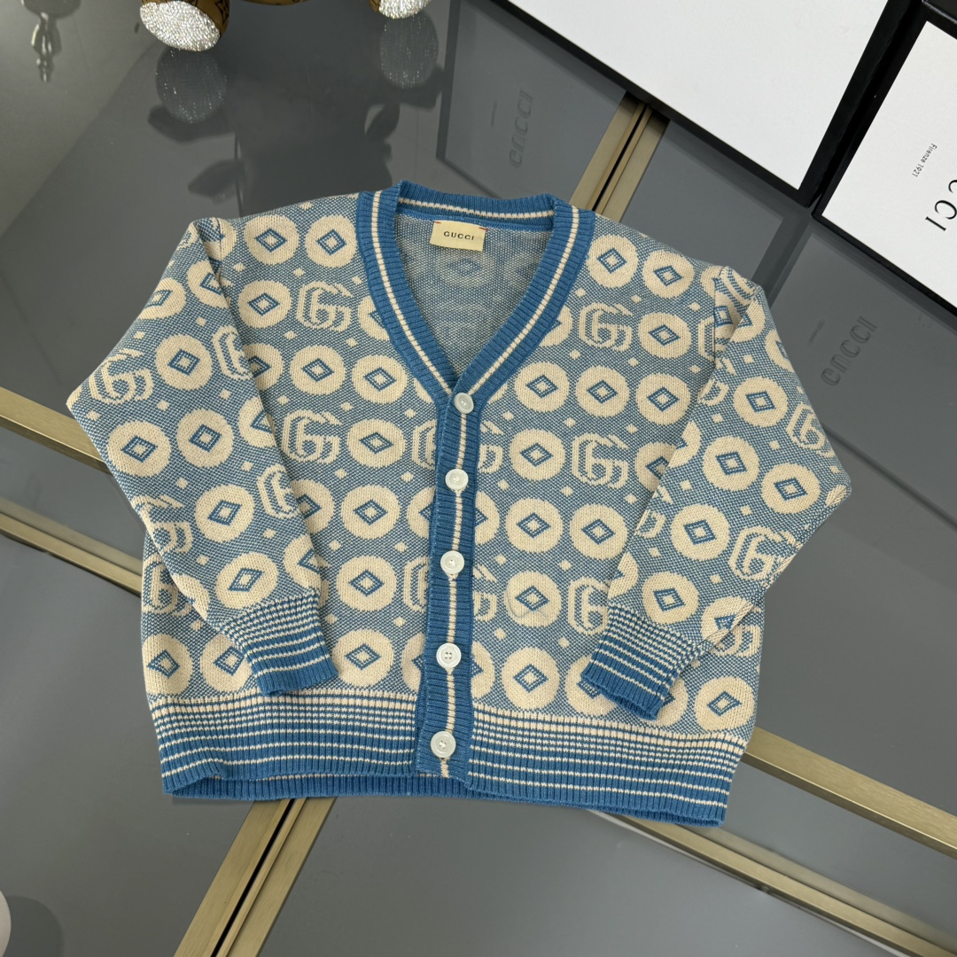 NIGO Gucci Kid's Spring And Autumn Blue Double G Printed V-Neck Long Sleeve Cotton Single Breasted Cardigan #nigo31354