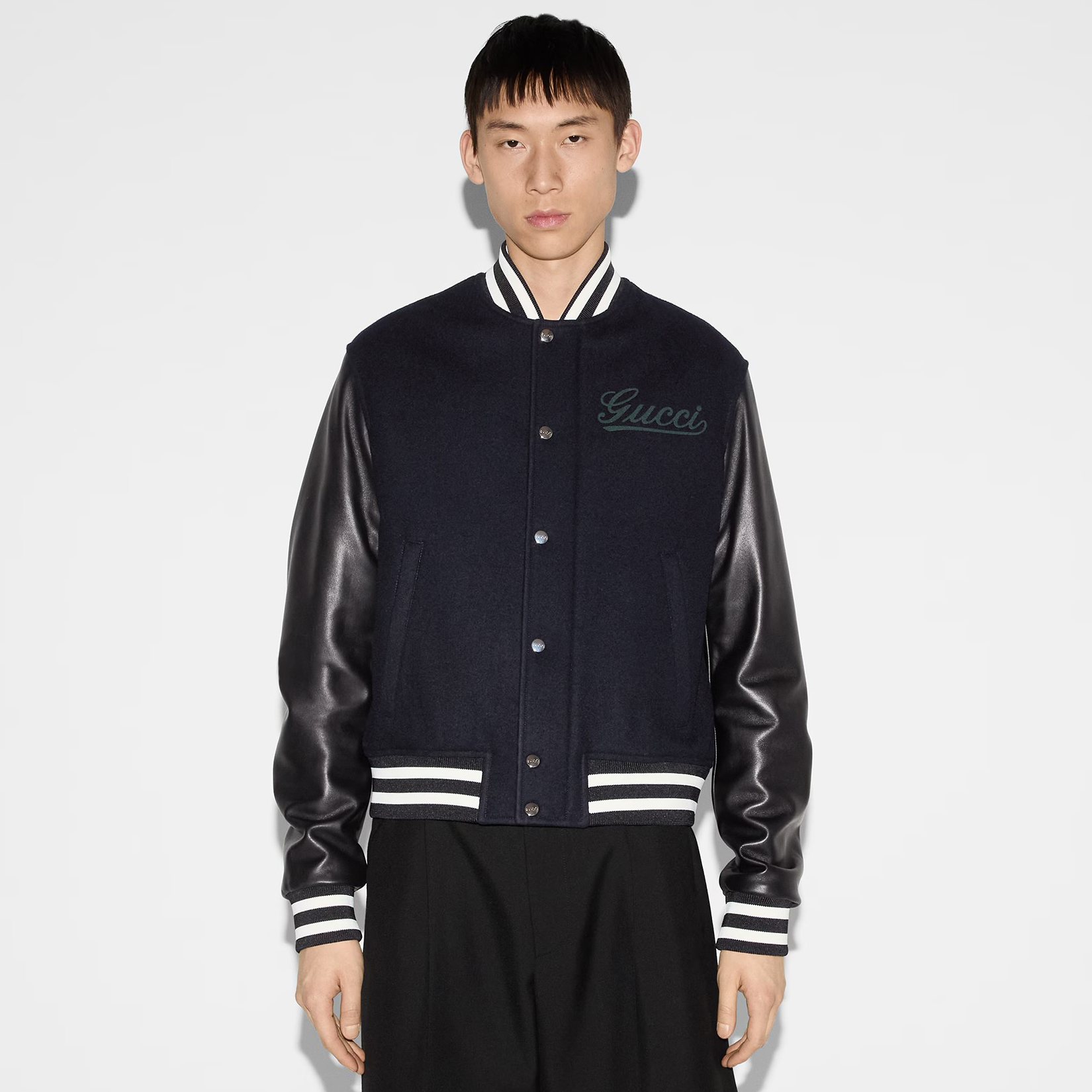 NIGO Gucci Men's Fall And Winter Embroidered Logo Knit Collar Wool And Leather Single Breasted Long Sleeved Jacket #nigo73517