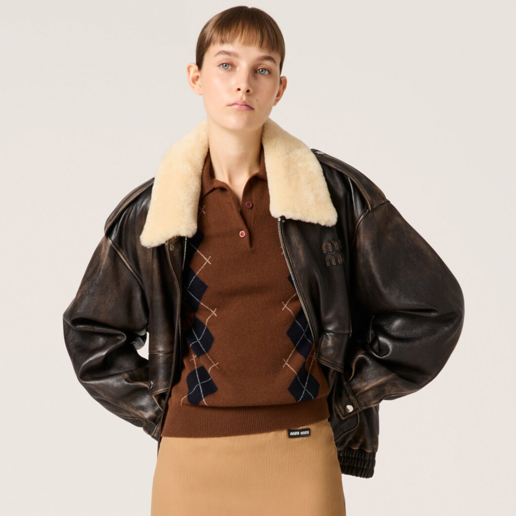 NIGO MiuMiu Women's Fall And Winter Lamb's Wool Collar Do Old Brown Sheepskin Zipper Long Sleeved Jacket #nigo73525