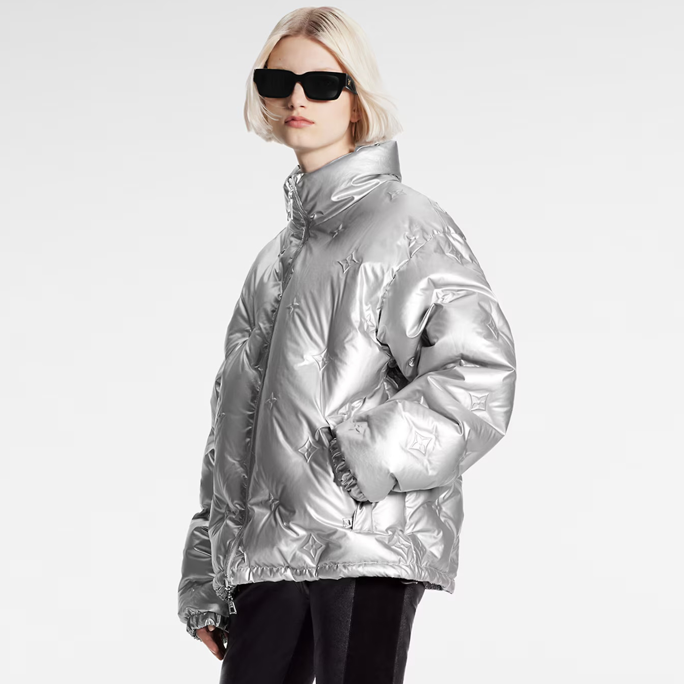 NIGO Louis Vuitton Women's Autumn and Winter Silver Floral Embossed Printed Standing Collar Reversible Zipper Long Sleeve Puffer Down Jacket #nigo73538