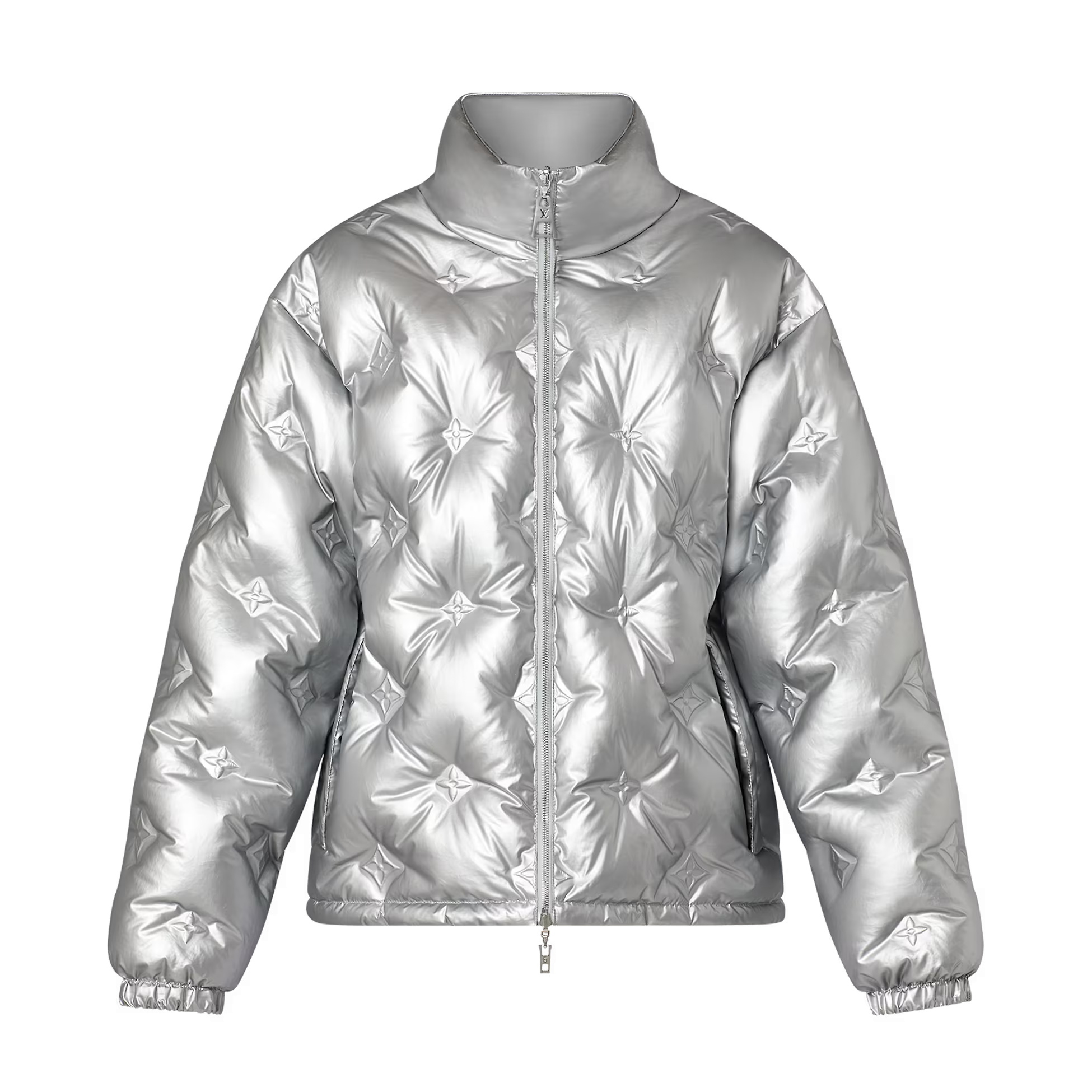 NIGO Louis Vuitton Women's Autumn and Winter Silver Floral Embossed Printed Standing Collar Reversible Zipper Long Sleeve Puffer Down Jacket #nigo73538