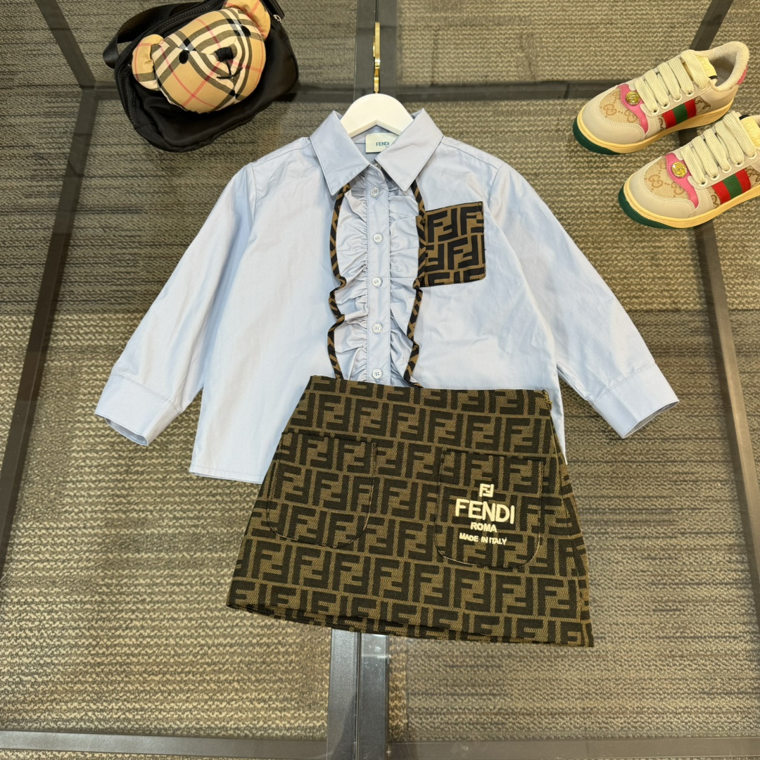 NIGO Fendi Kid's Spring And Autumn Solid Color Long Sleeve Slim Shirt Casual Jacquard Embroidery Canvas Short Skirt Set #nigo31353