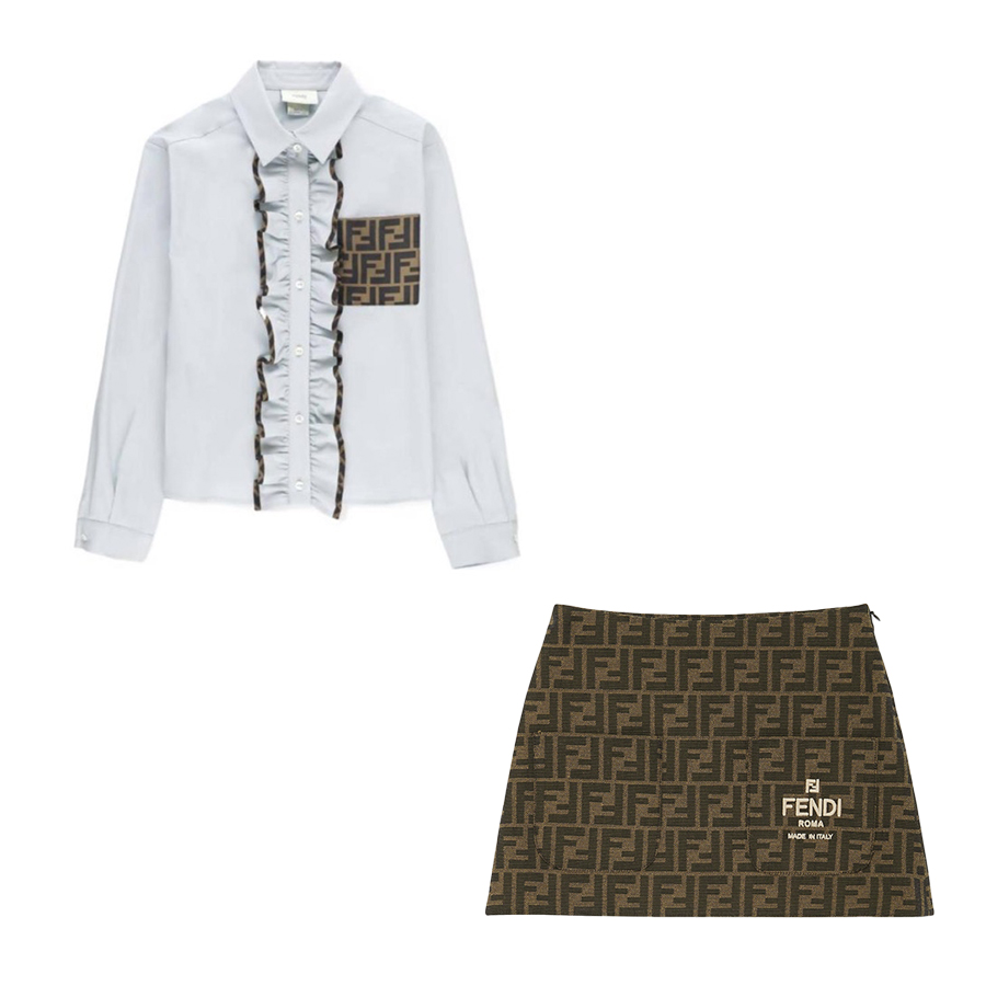 NIGO Fendi Kid's Spring And Autumn Solid Color Long Sleeve Slim Shirt Casual Jacquard Embroidery Canvas Short Skirt Set #nigo31353
