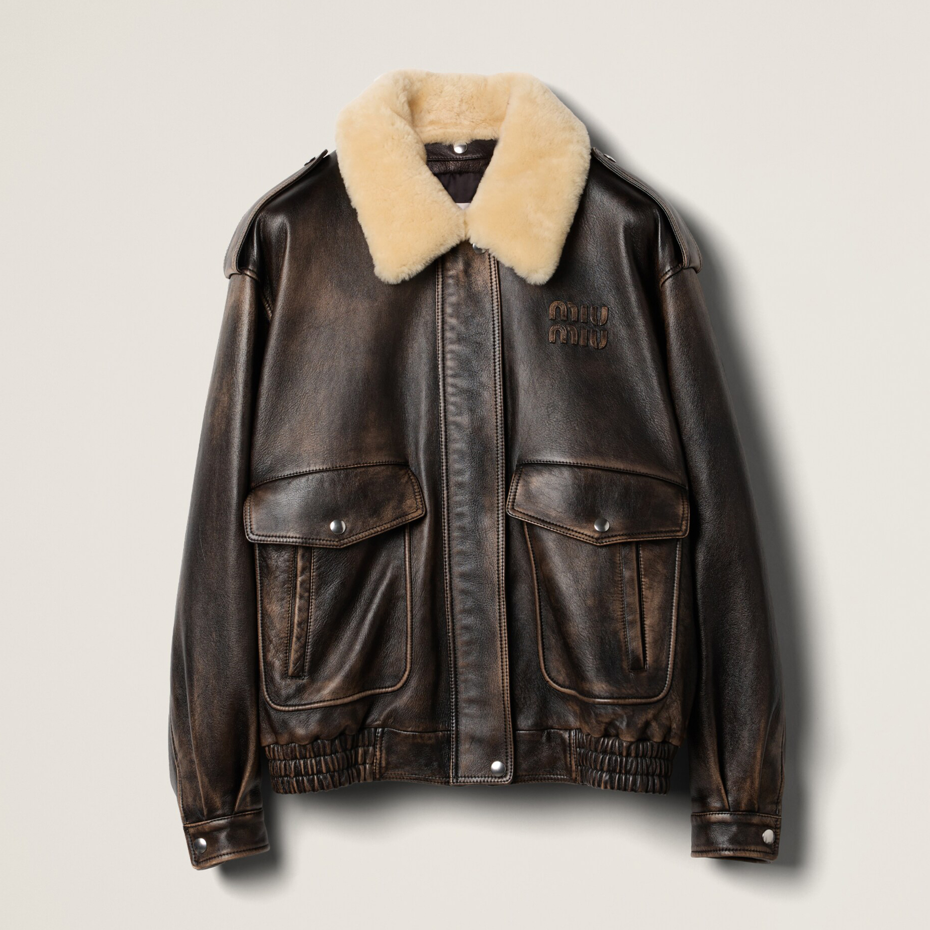 NIGO MiuMiu Women's Fall And Winter Lamb's Wool Collar Do Old Brown Sheepskin Zipper Long Sleeved Jacket #nigo73525