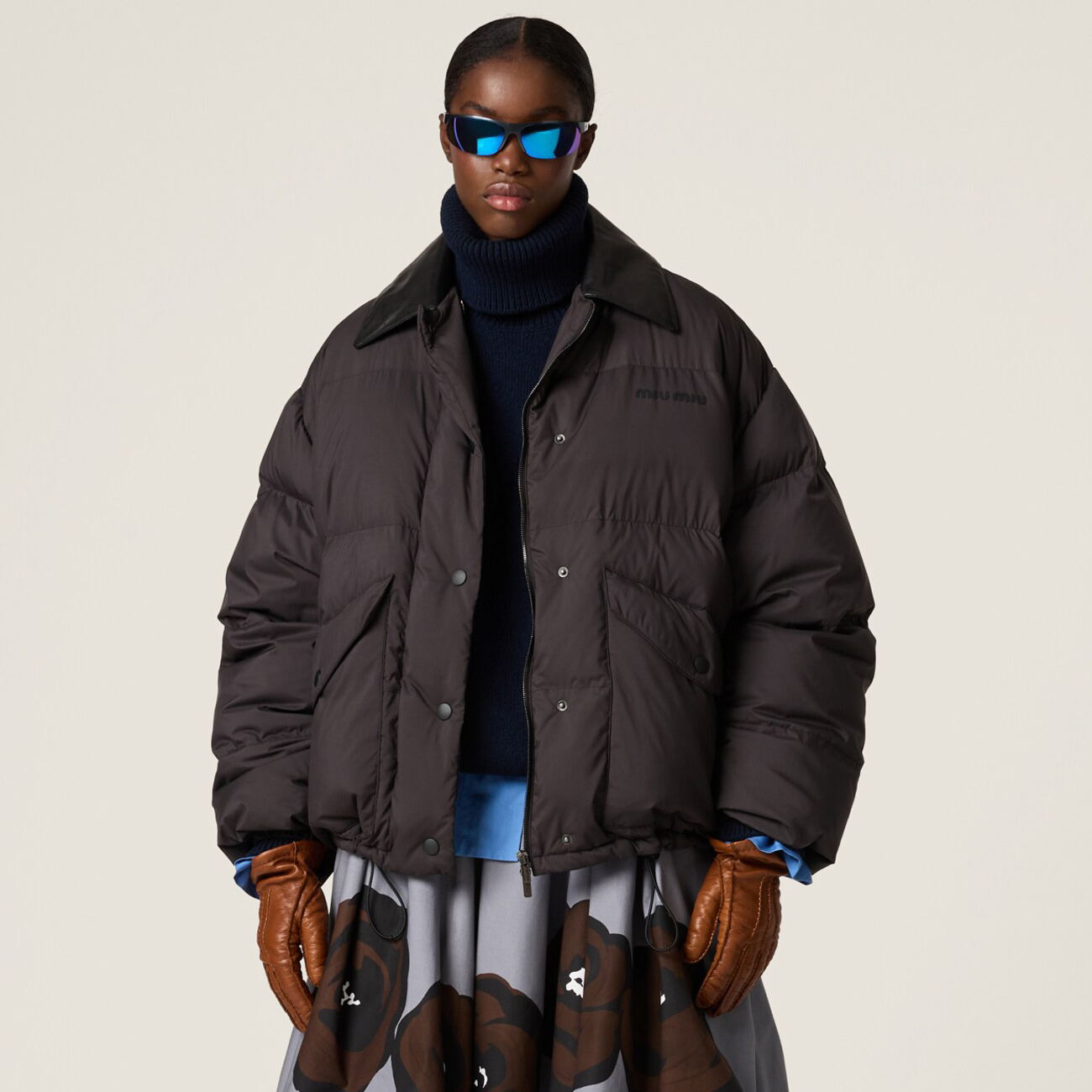 NIGO MiuMiu Women's Winter Black Lapel Drawstring Zipper Long Sleeve Puffer Down Jacket #nigo73523