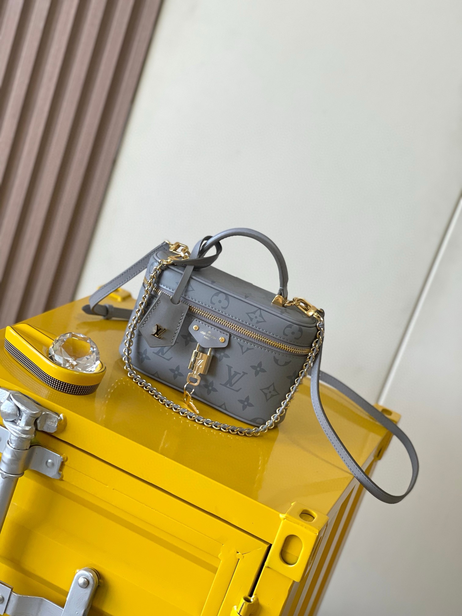 NIGO Louis Vuitton Vanity Chain Pouch Women's Gray Monogrammed Pendant Zipper Closure Calfskin Gloves Cosmetic Bag Bags #nigo73543