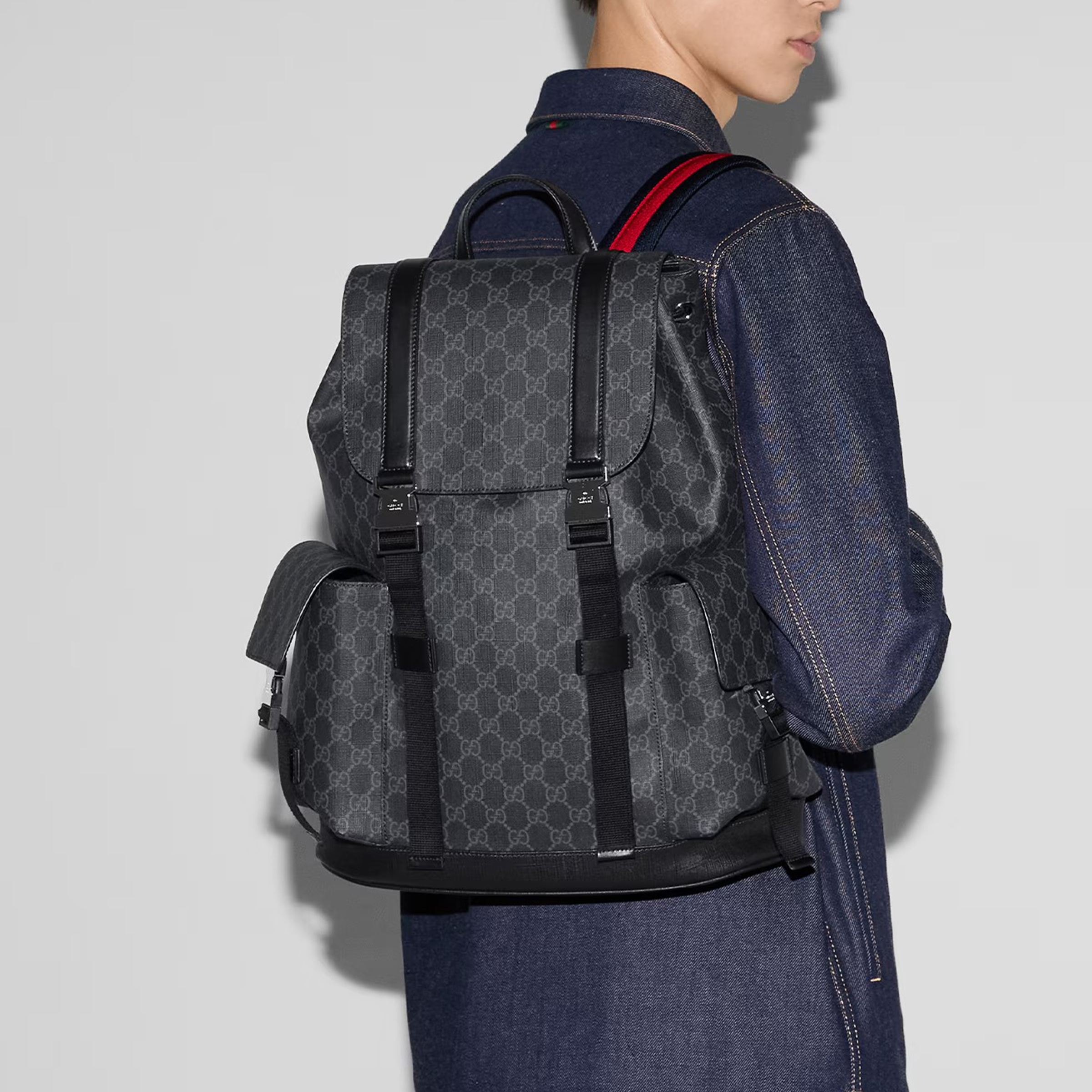 NIGO Gucci Men's GG Printed Canvas Splicing Leather Trim Red Webbing Adjustable Shoulder Strap Casual Bag Bag Black Backpack #nigo71676