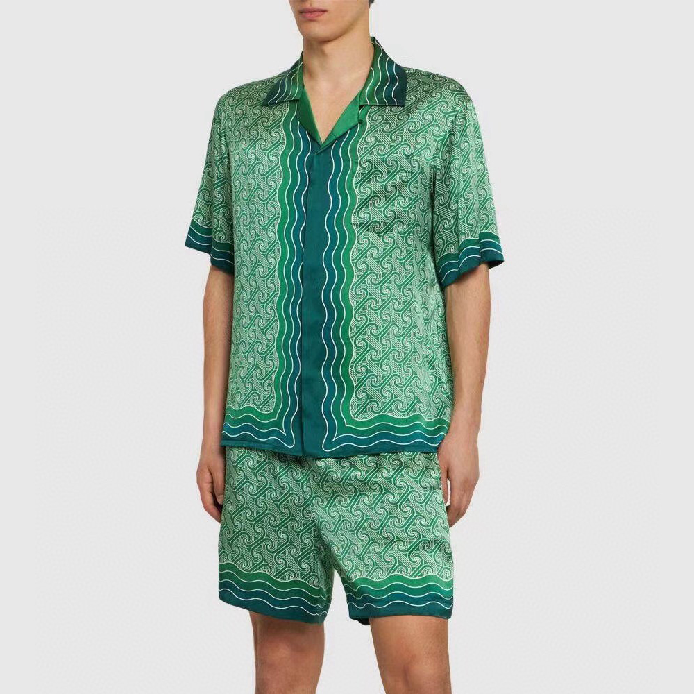 NIGO Casablanca Men's Summer Green Line Wave Print Lapel Single Breasted Short Sleeve Shirt Drawstring Tie Shorts Set Suit #nigo73575