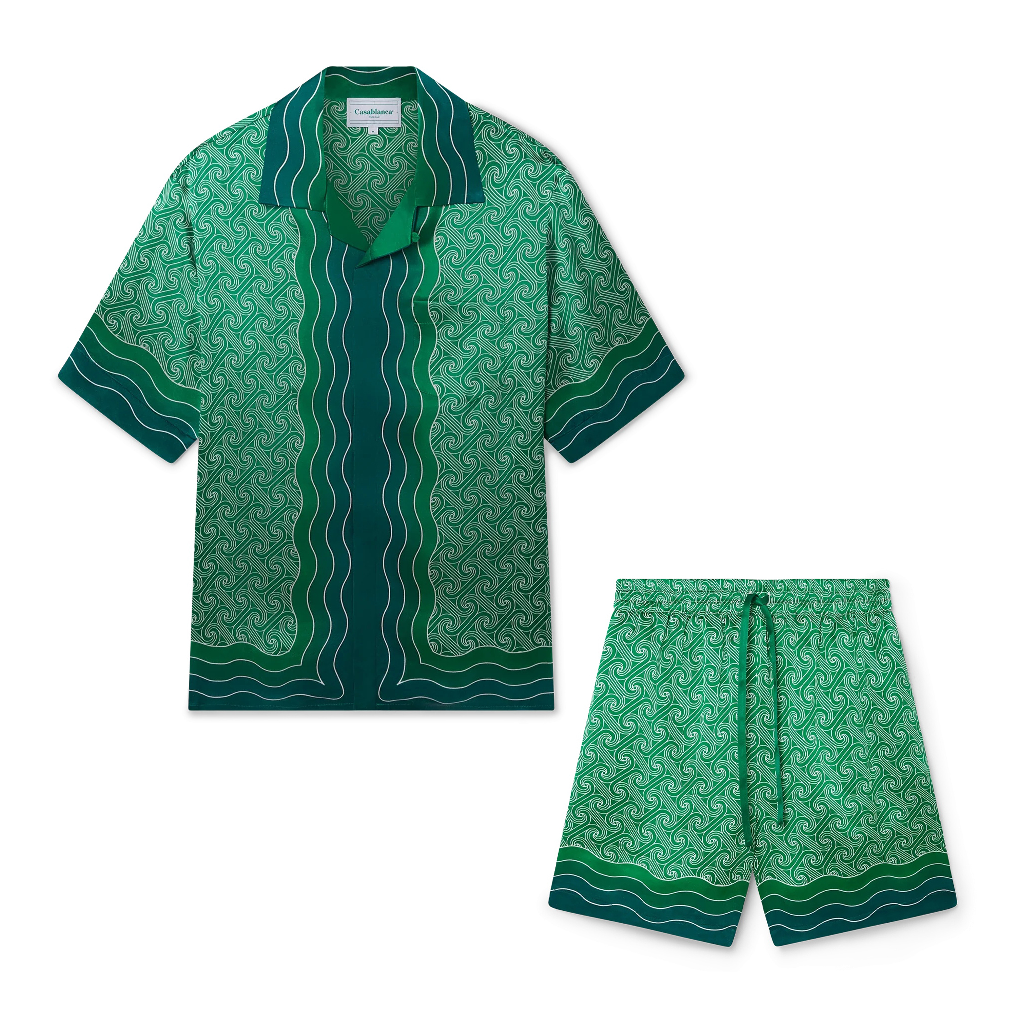 NIGO Casablanca Men's Summer Green Line Wave Print Lapel Single Breasted Short Sleeve Shirt Drawstring Tie Shorts Set Suit #nigo73575