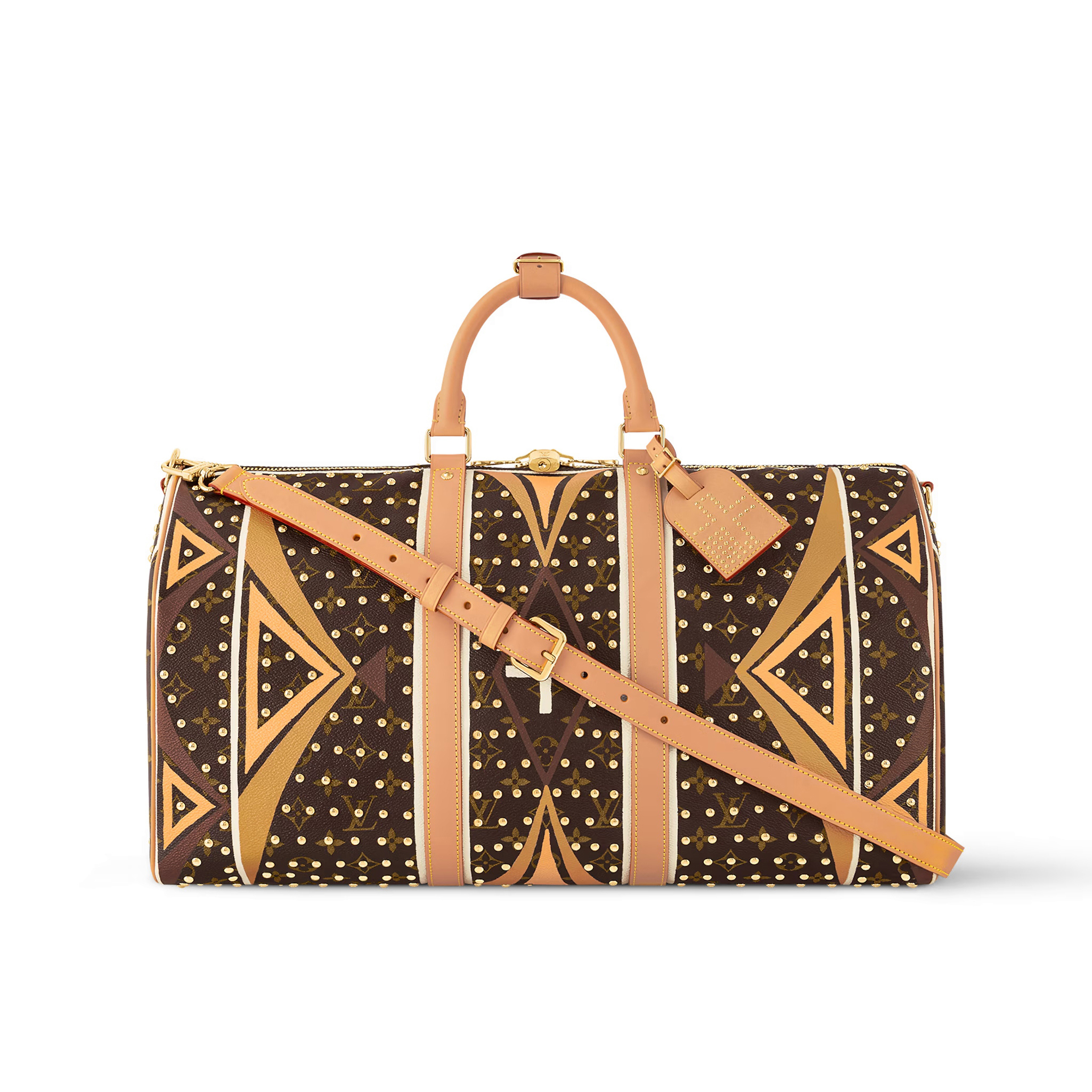 NIGO Louis Vuitton KEEPALL BANDOULIÈRE 50 Men's Detachable Adjustable Shoulder Strap Zipper Closure Studded Pattern Coated Canvas Quilted Leather Shoulder Crossbody Bag Travel Bags #nigo73589