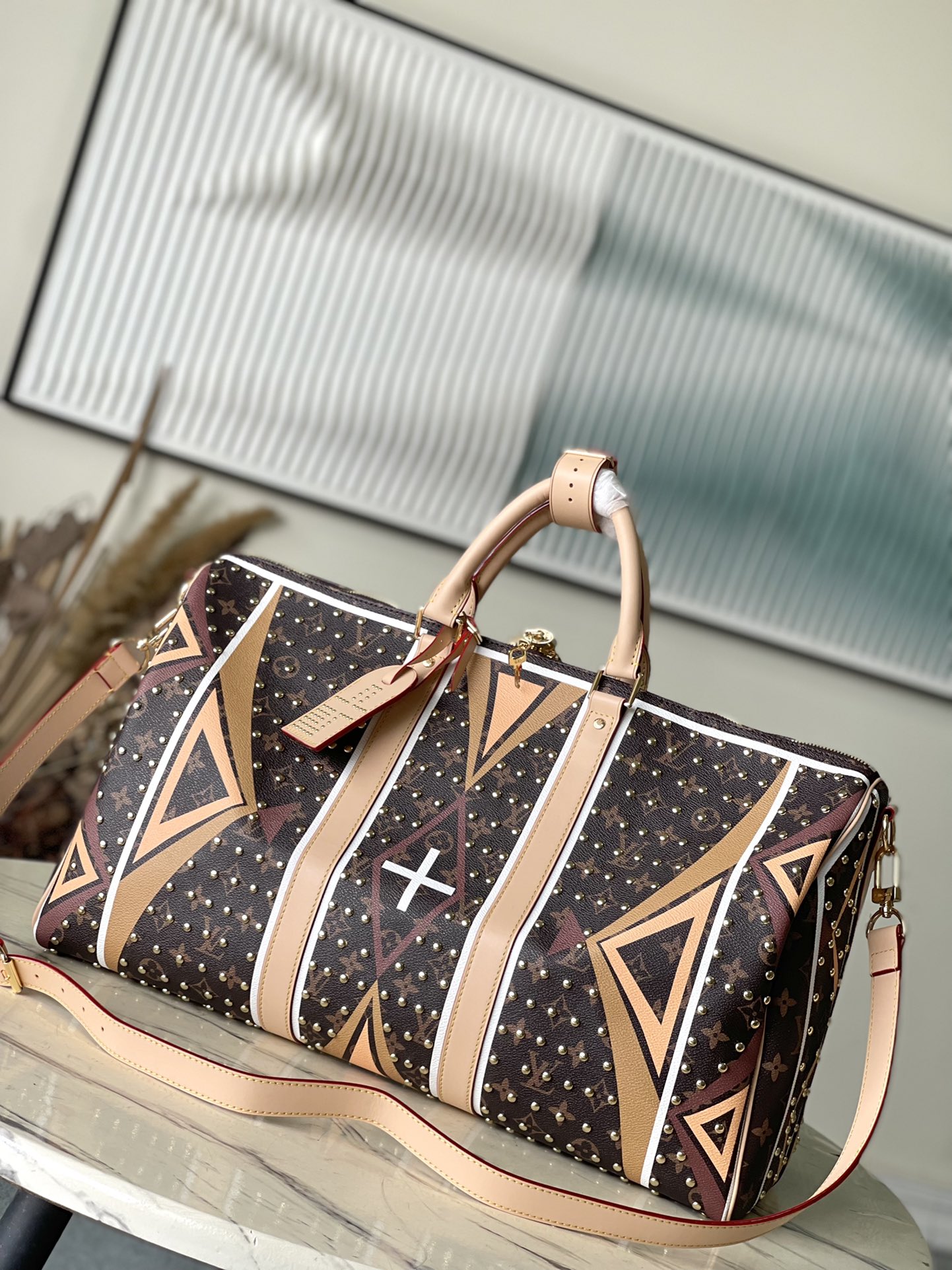 NIGO Louis Vuitton KEEPALL BANDOULIÈRE 50 Men's Detachable Adjustable Shoulder Strap Zipper Closure Studded Pattern Coated Canvas Quilted Leather Shoulder Crossbody Bag Travel Bags #nigo73589
