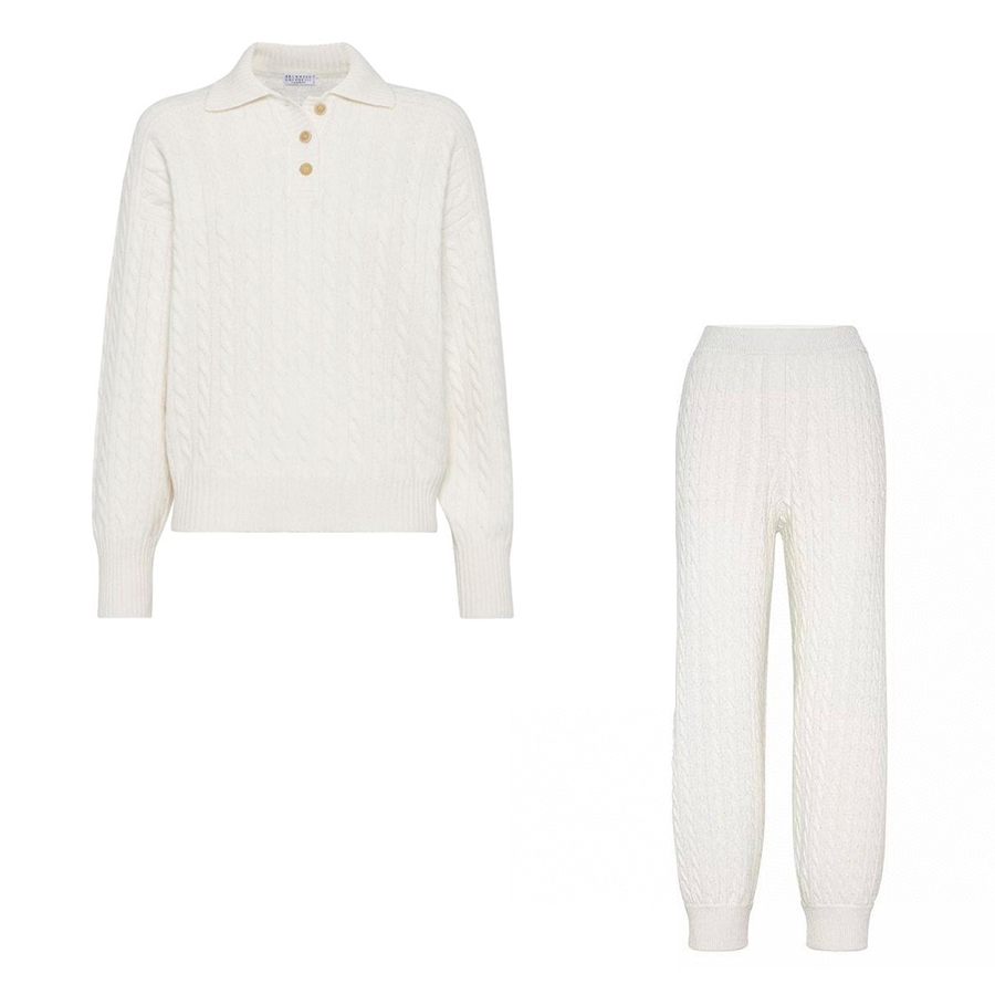 NIGO Brunello Cucinelli Women's Spring, Autumn And Winter Solid Color Ribbed Knit Pullover Long Sleeve Cashmere Sweater Casual Stretch Sweatpants Set Ngvp #nigo9455