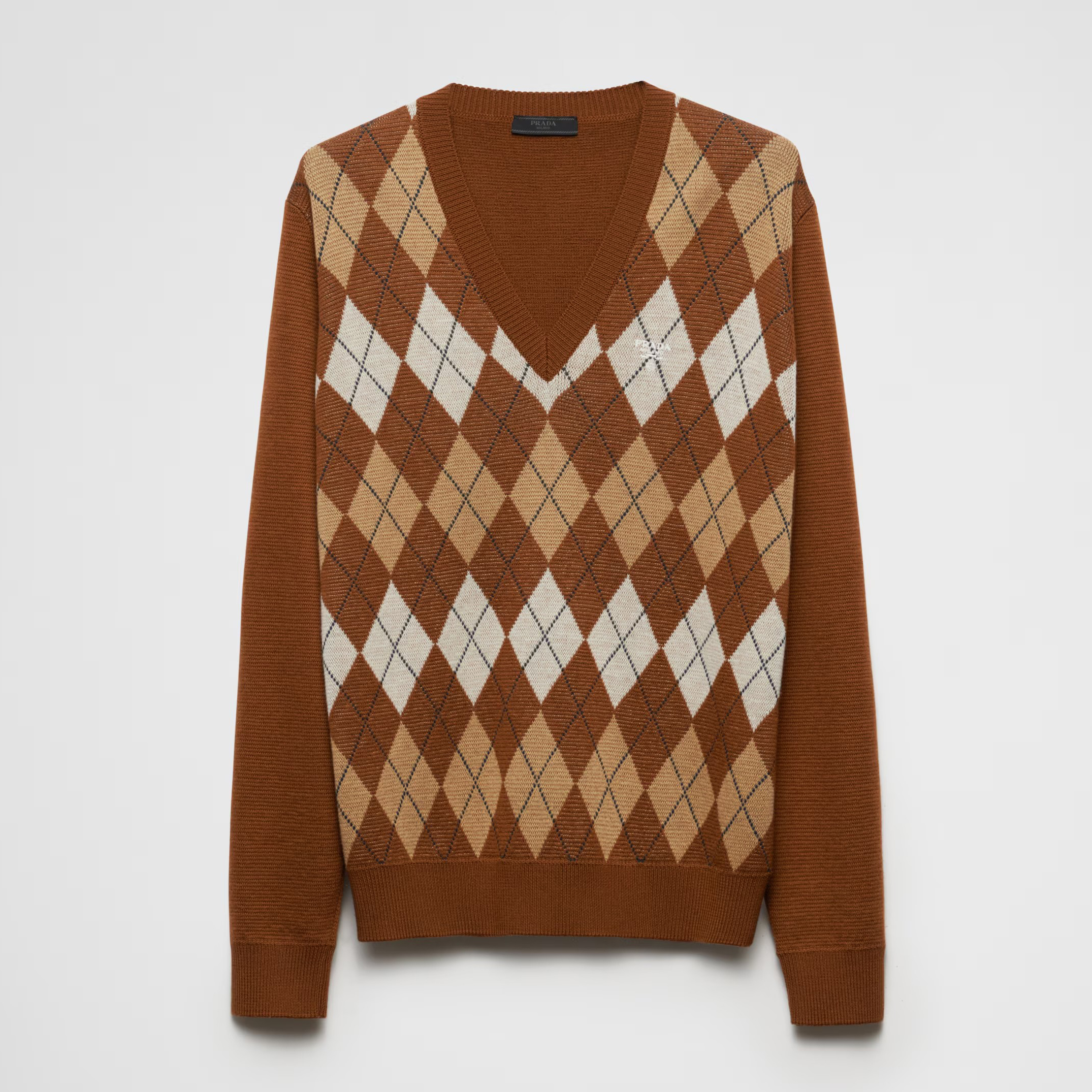 NIGO Prada Men's Spring And Fall Brown Diamond Applique V-neck Knitted Wool Casual Long Sleeved Sweater #nigo73612