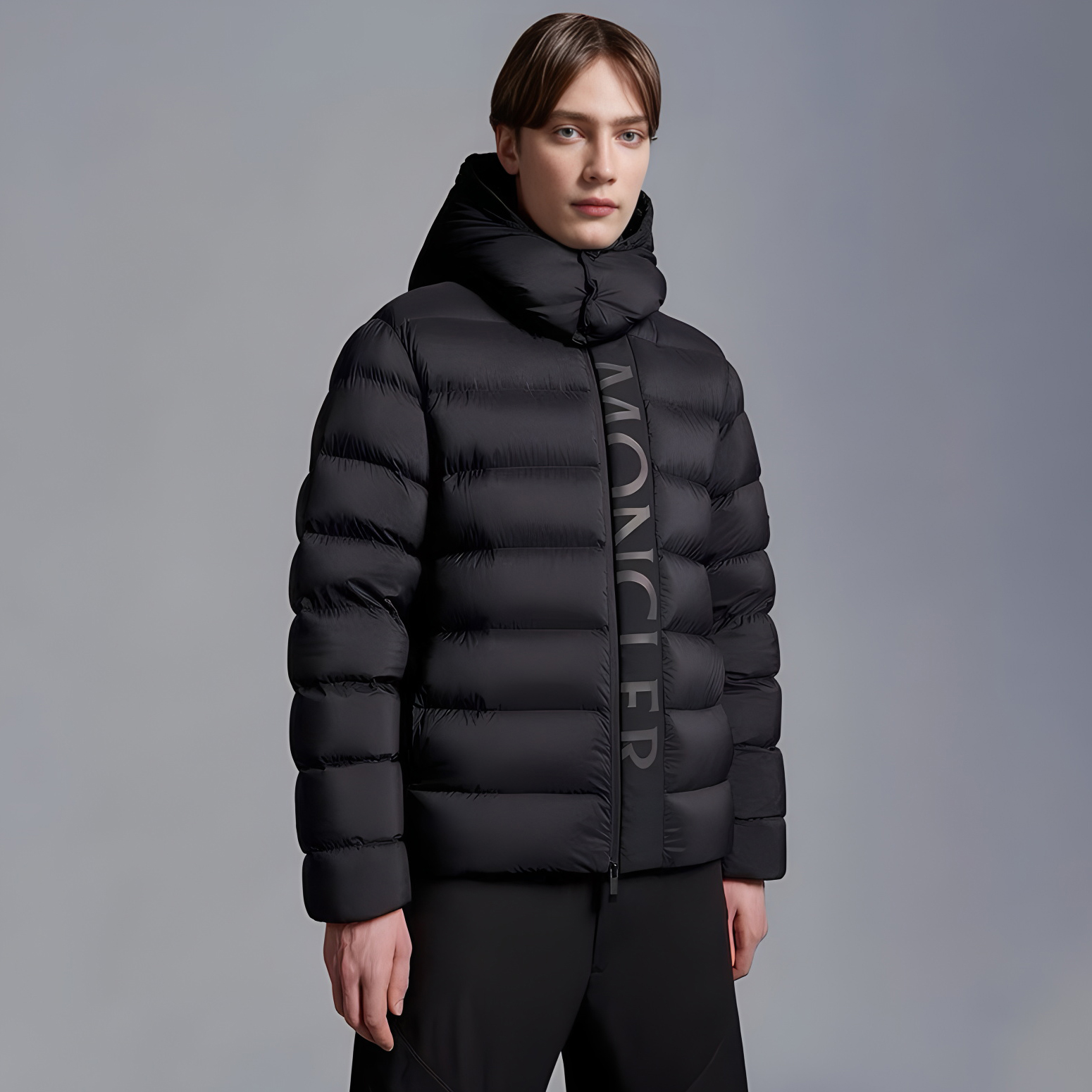 NIGO Moncler Men's Winter Black Letters Logo Print Zipper Hooded Short Puffer Down Long Sleeve Jacket #nigo73615