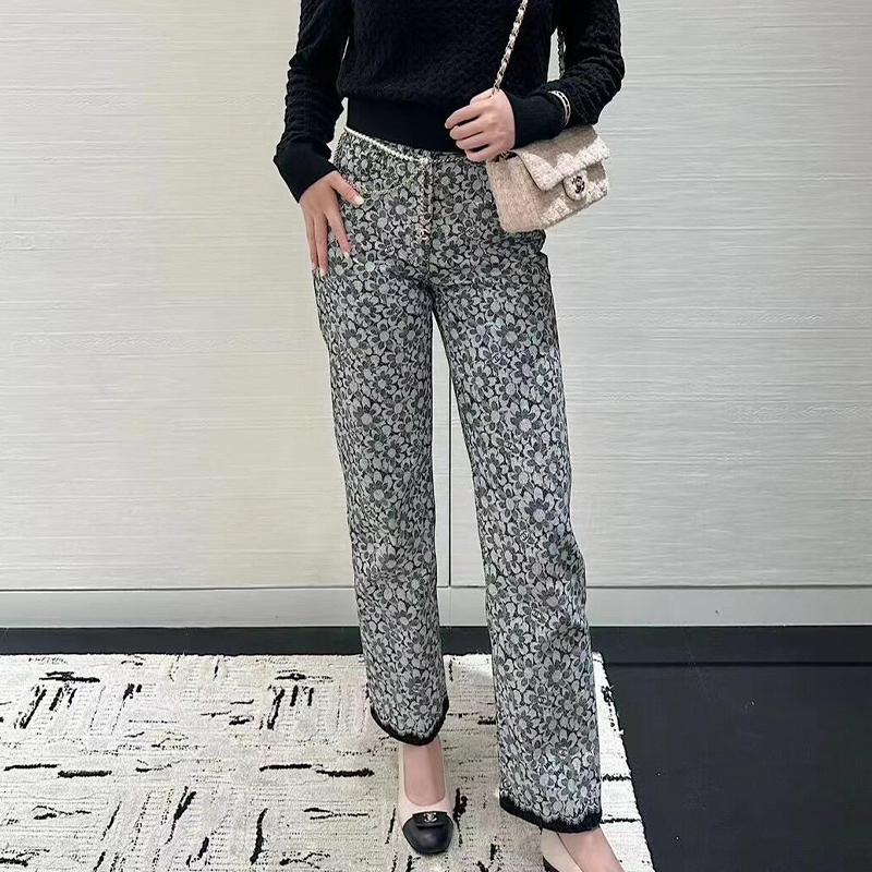 NIGO Chanel Women's Spring And Autumn Logo Floral Print Vintage Casual Fit Solid Color Denim Straight Leg Pants #nigo71678