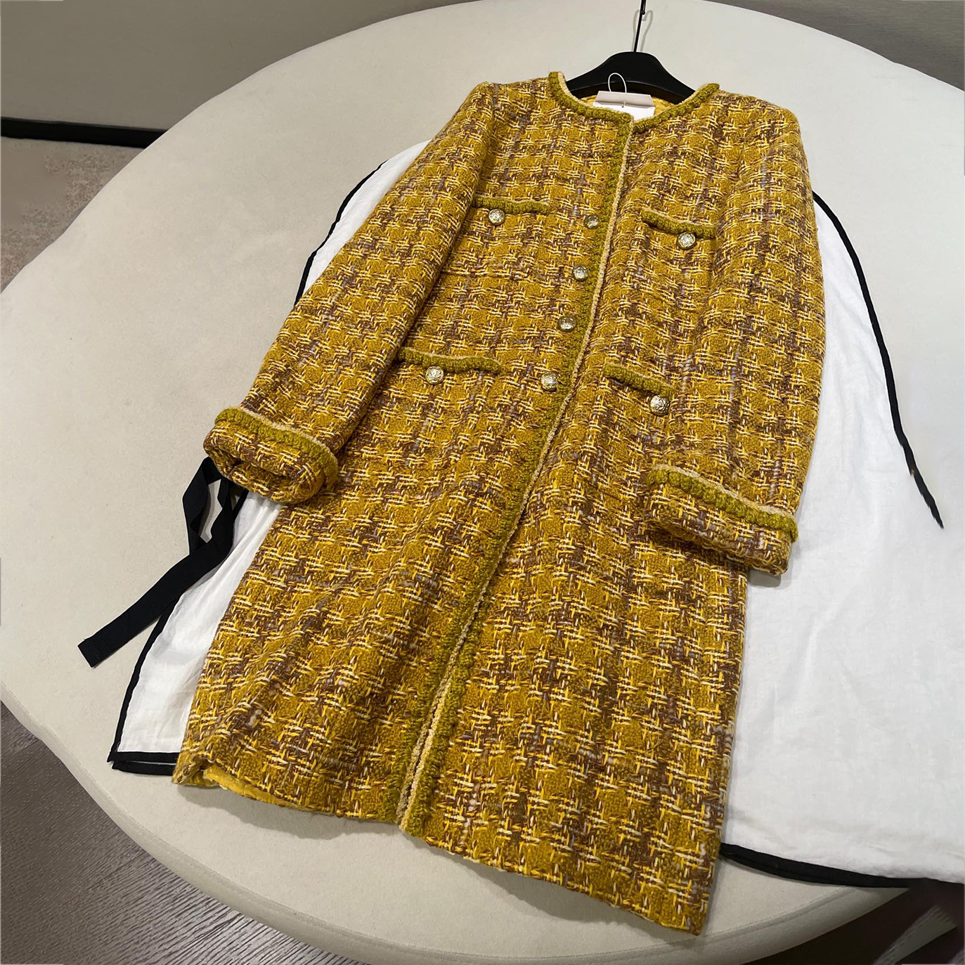 NIGO Chanel Women's Fall And Winter Plaid Tweed Single-Breasted Wool Cotton Yellow Medium-Length Coat Jacket #nigo71679