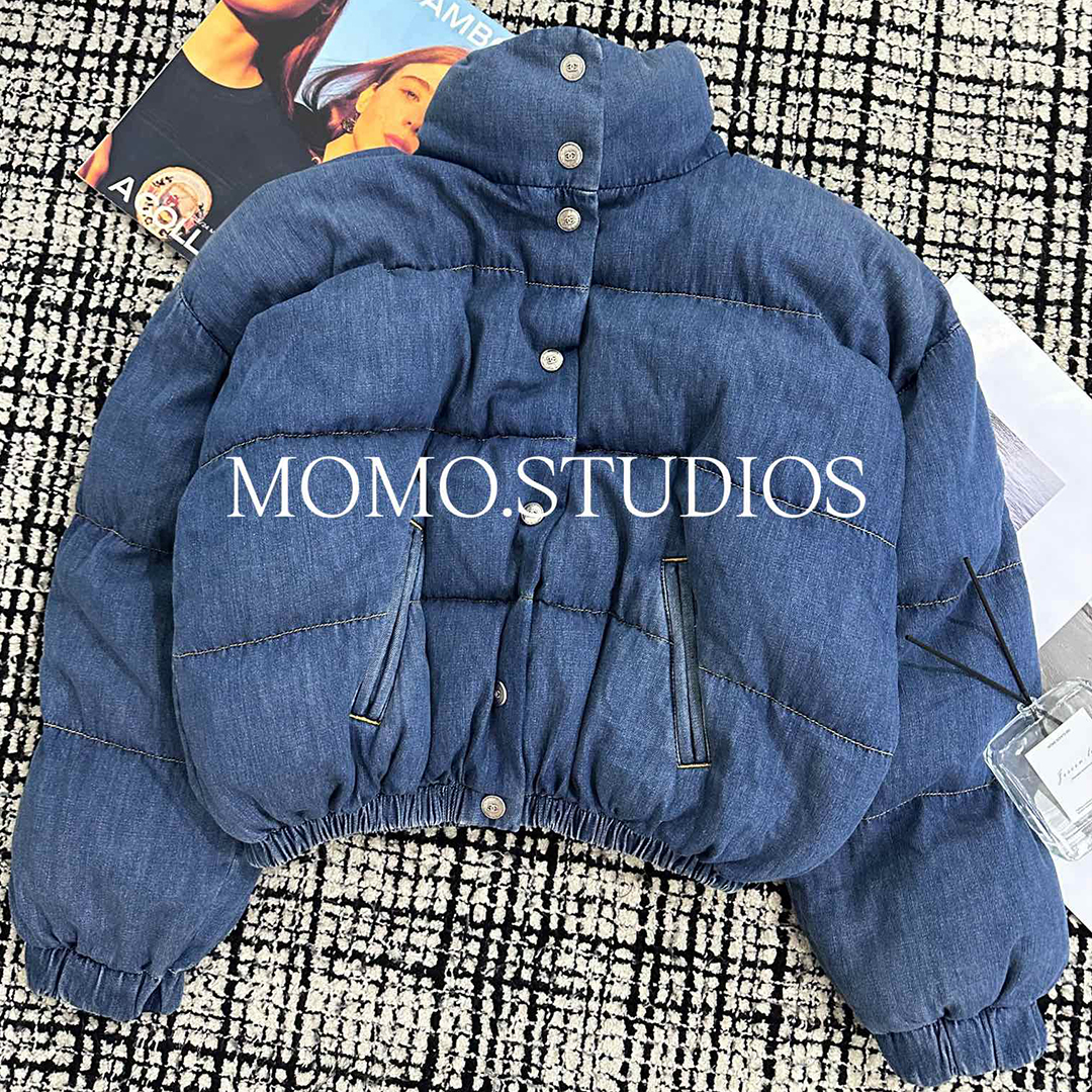 NIGO Chanel Women's Autumn And Winter Retro Blue Washed Denim Short Fluffy Down Jacket Fashion Luxury Button Collar Jacket #nigo71683