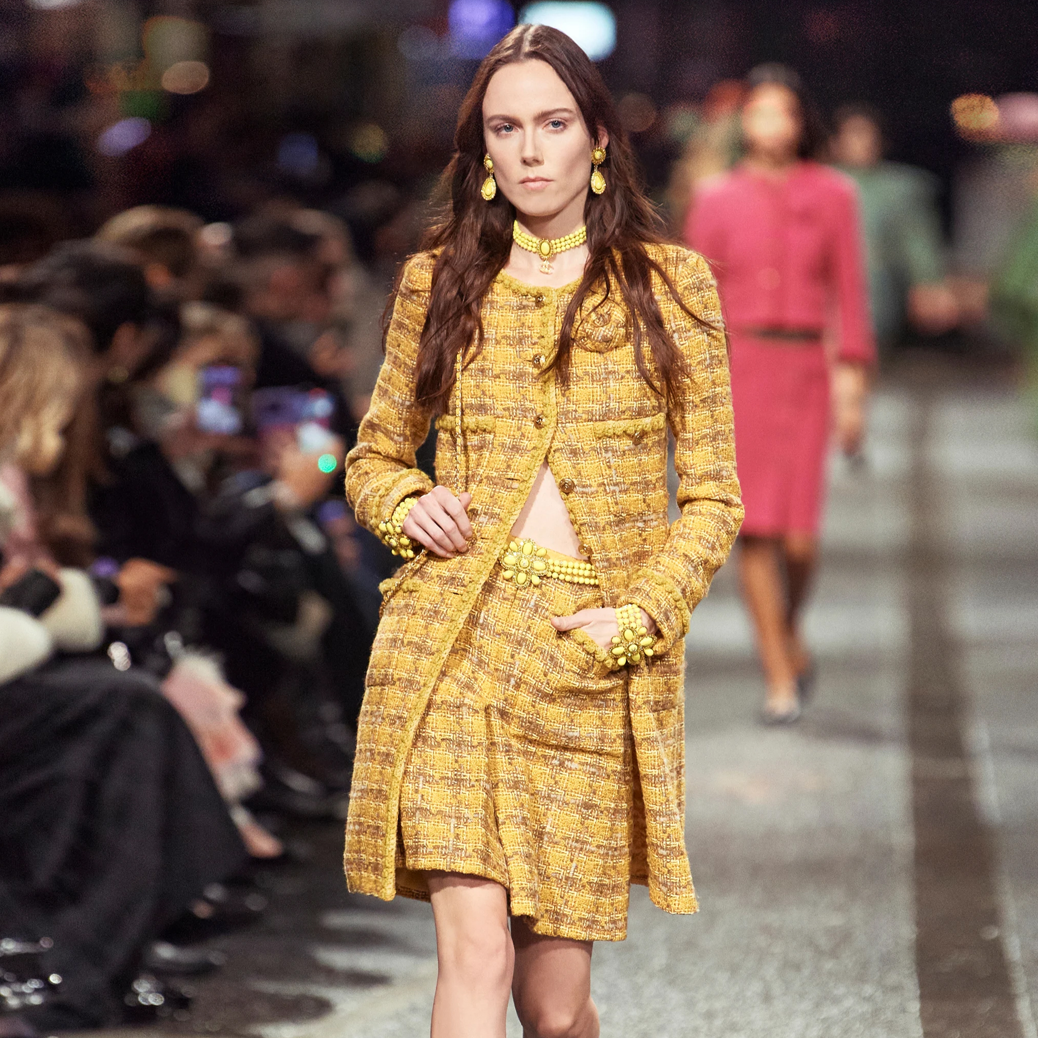 NIGO Chanel Women's Fall And Winter Plaid Tweed Single-Breasted Wool Cotton Yellow Medium-Length Coat Jacket #nigo71679