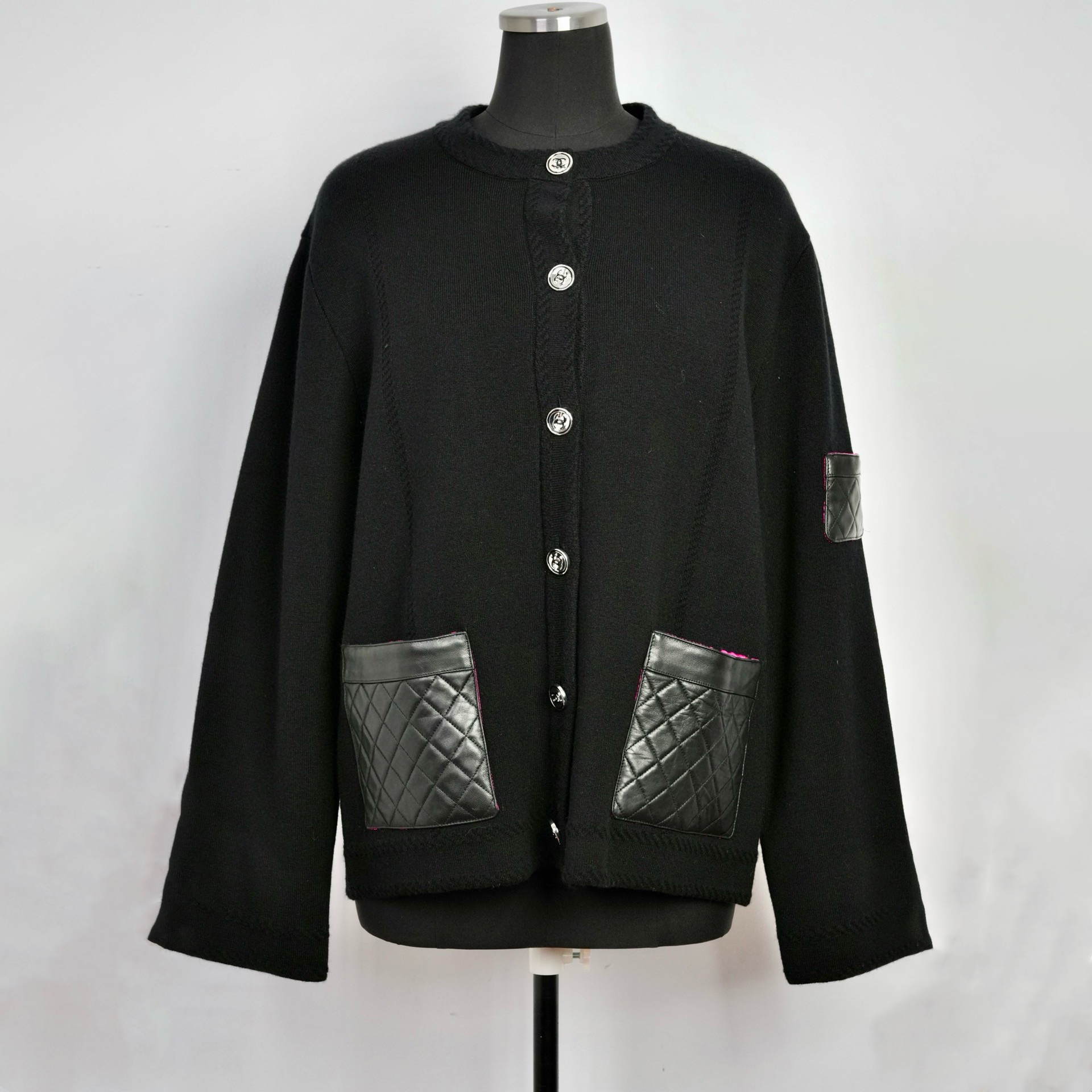 NIGO Chanel Women's Fall And Winter Black Leather Pockets Single Breasted Round Neck Long Sleeve Jacket #nigo73651