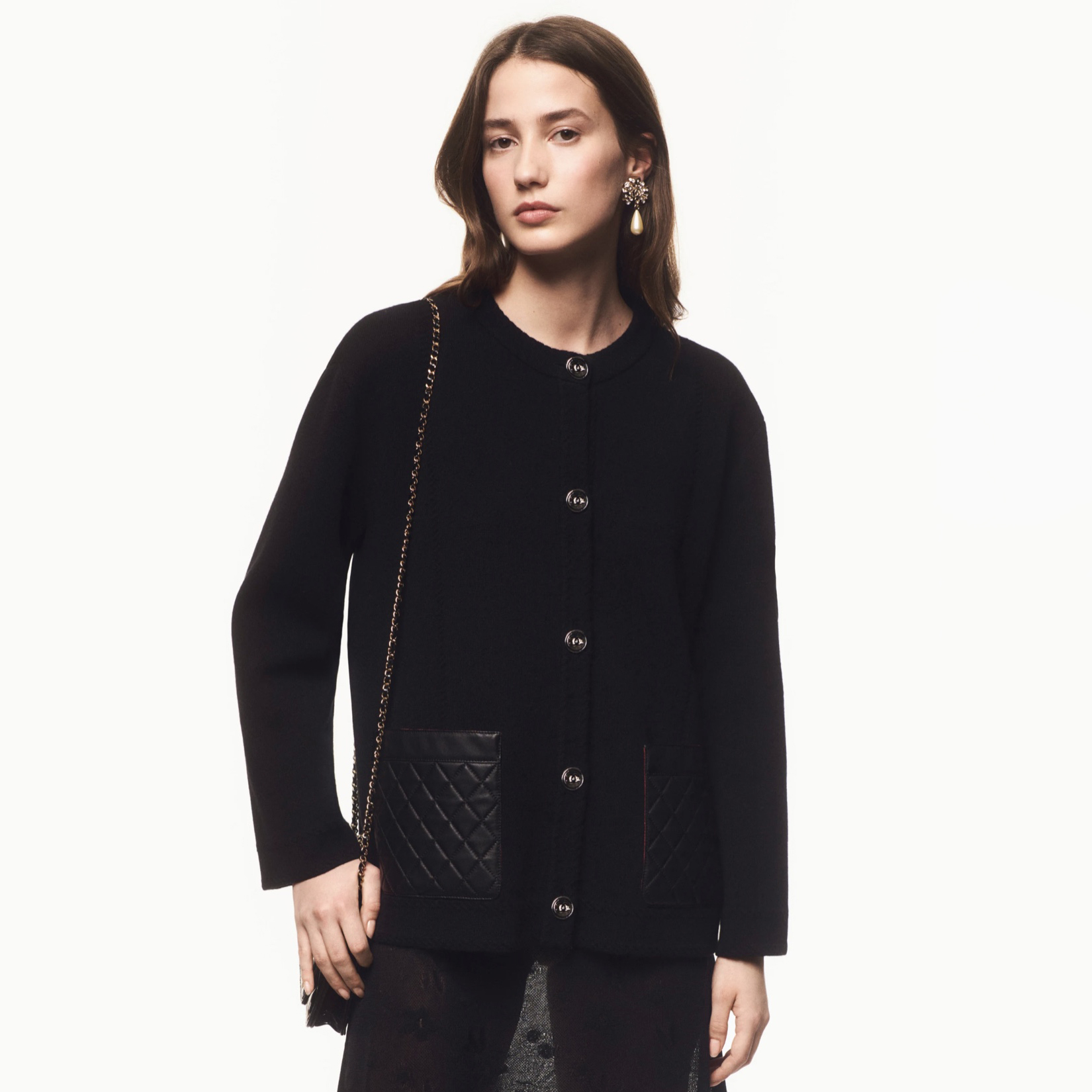 NIGO Chanel Women's Fall And Winter Black Leather Pockets Single Breasted Round Neck Long Sleeve Jacket #nigo73651