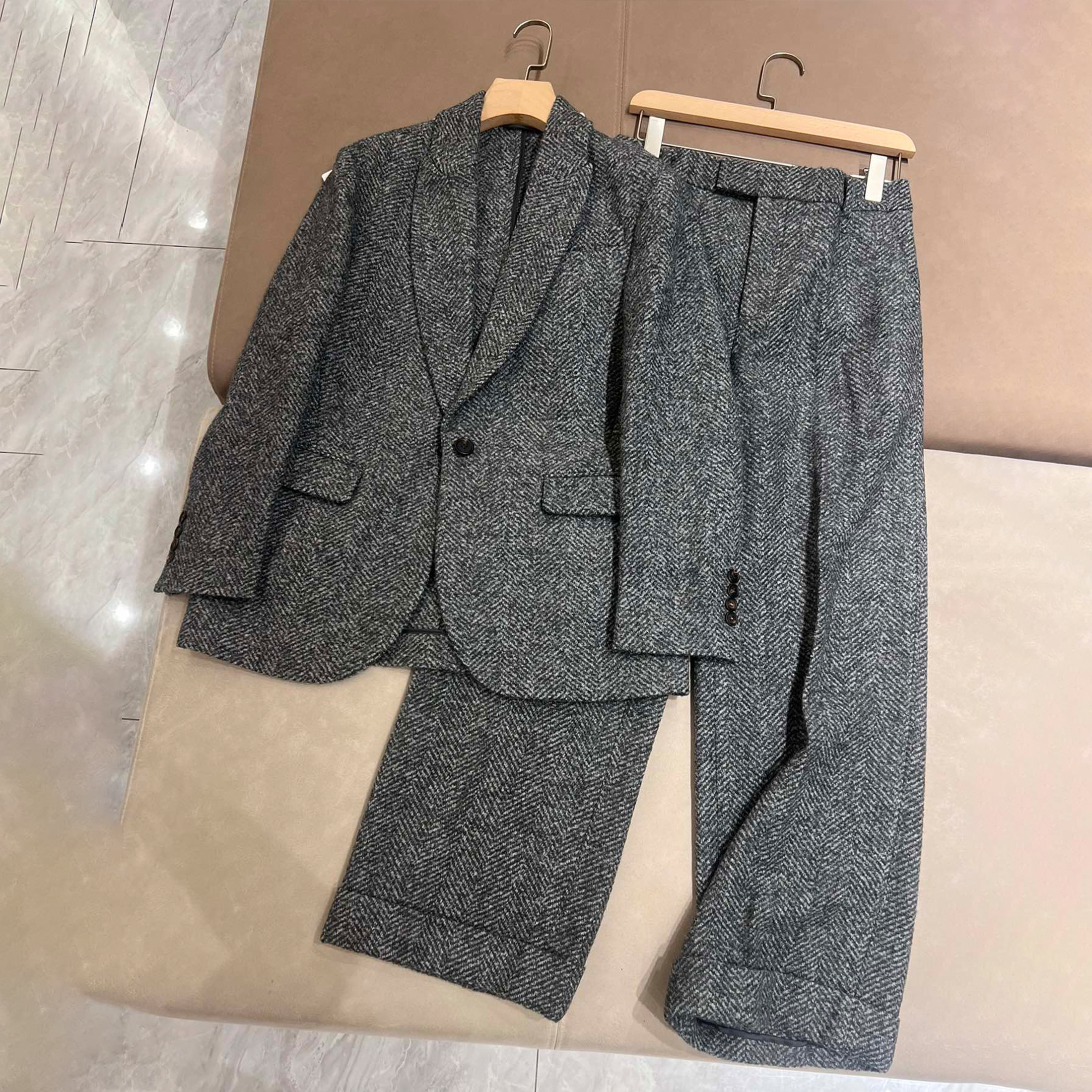 NIGO Brunello Cucinelli Women's Autumn and Winter Dark Grey Long Silhouette Wool Suit Jacket Straight Fashion Casual Pants Wool Suit Two Piece Set #nigo71685