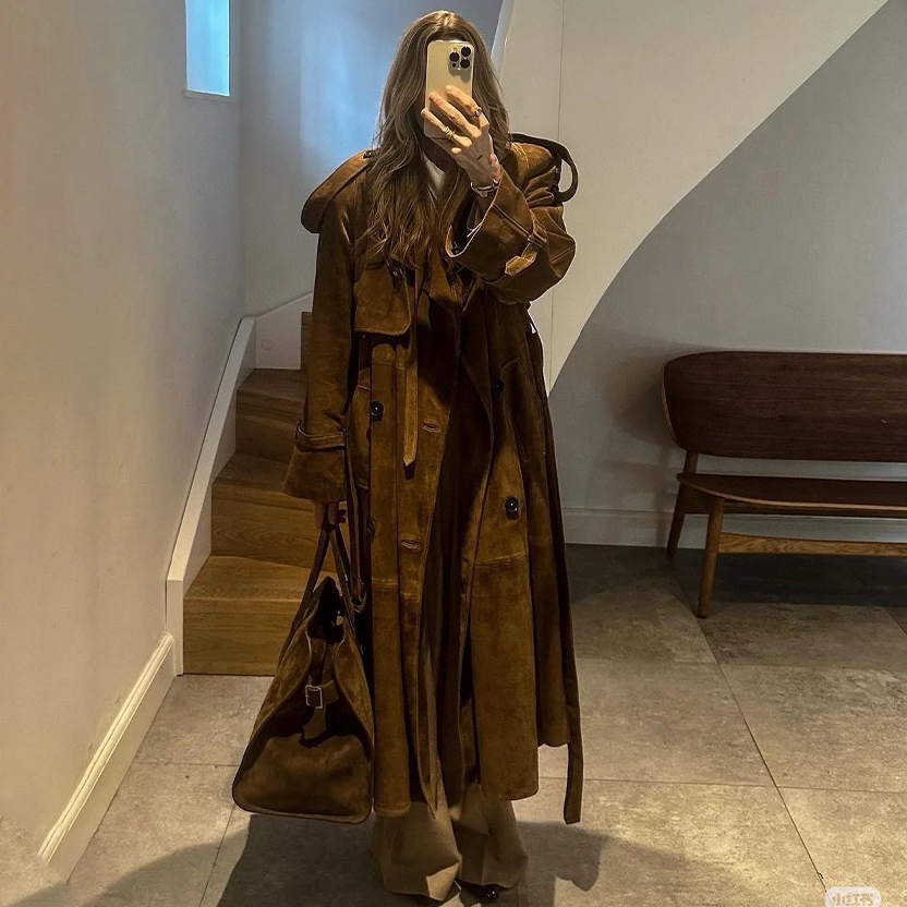 NIGO SAINT LAURENT Women's Autumn And Winter Retro Lapel Double-breasted Lacing Solid Color Long Loose Coat Jacket Ngvp #nigo9472