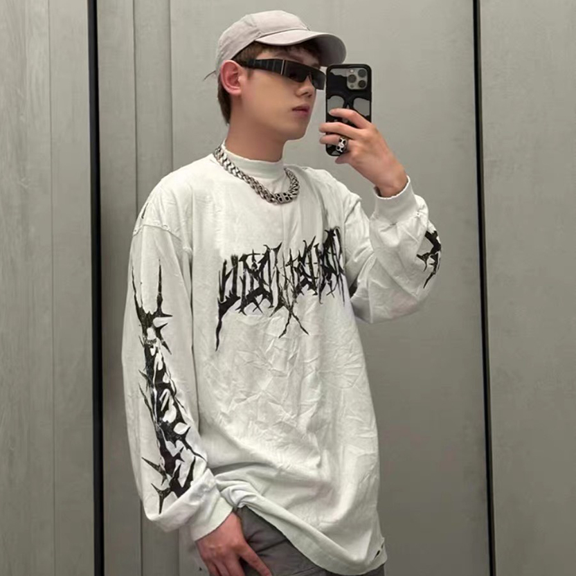 NIGO Balenciaga Men's Spring And Autumn Washed High Street Casual Pattern Printed White Loose Cotton Long Sleeve T-Shirt Ngvp #nigo9473