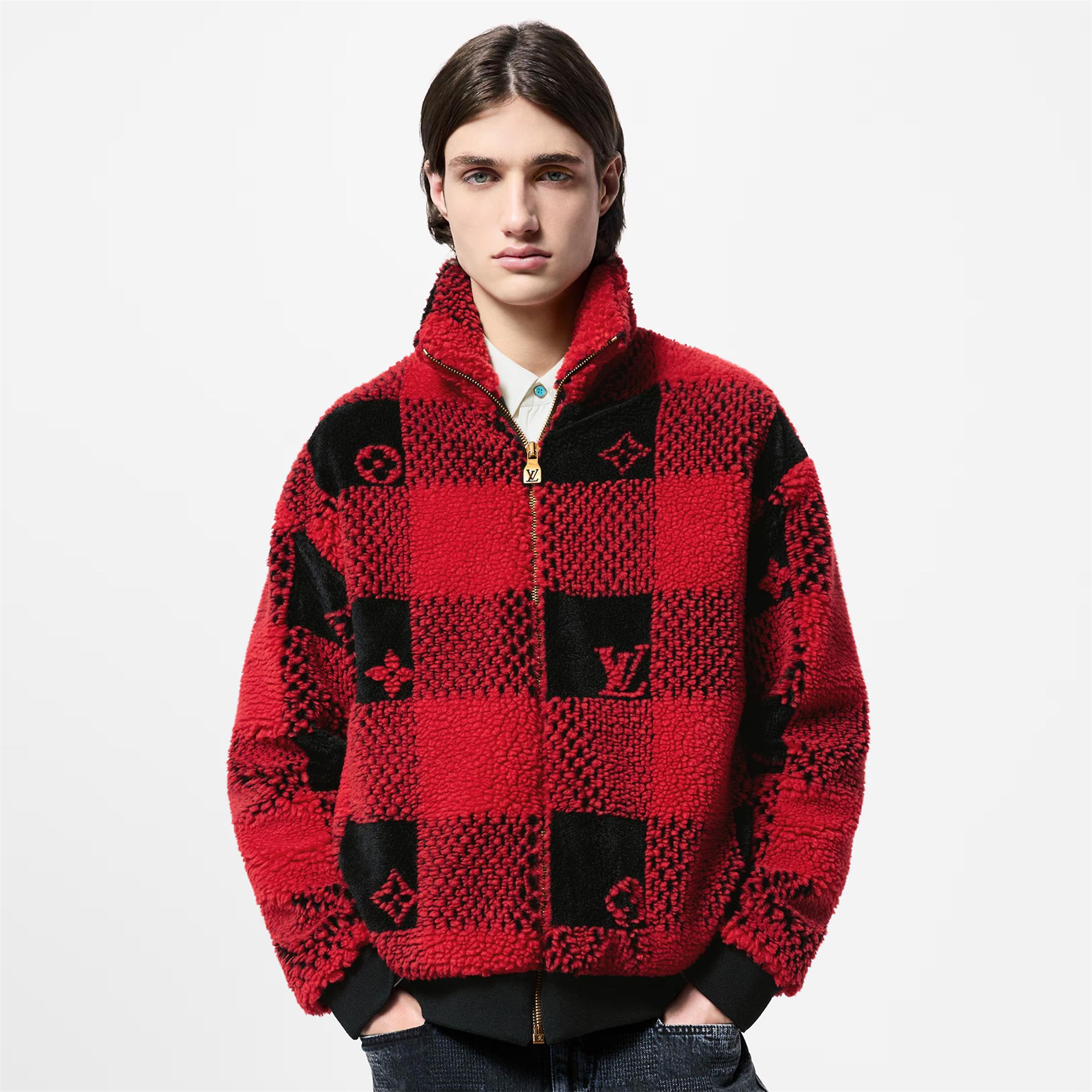NIGO Louis Vuitton Men's Fall And Winter Red And Black Checkerboard Pattern Collar Zipper Long Sleeved Jacket #nigo73682