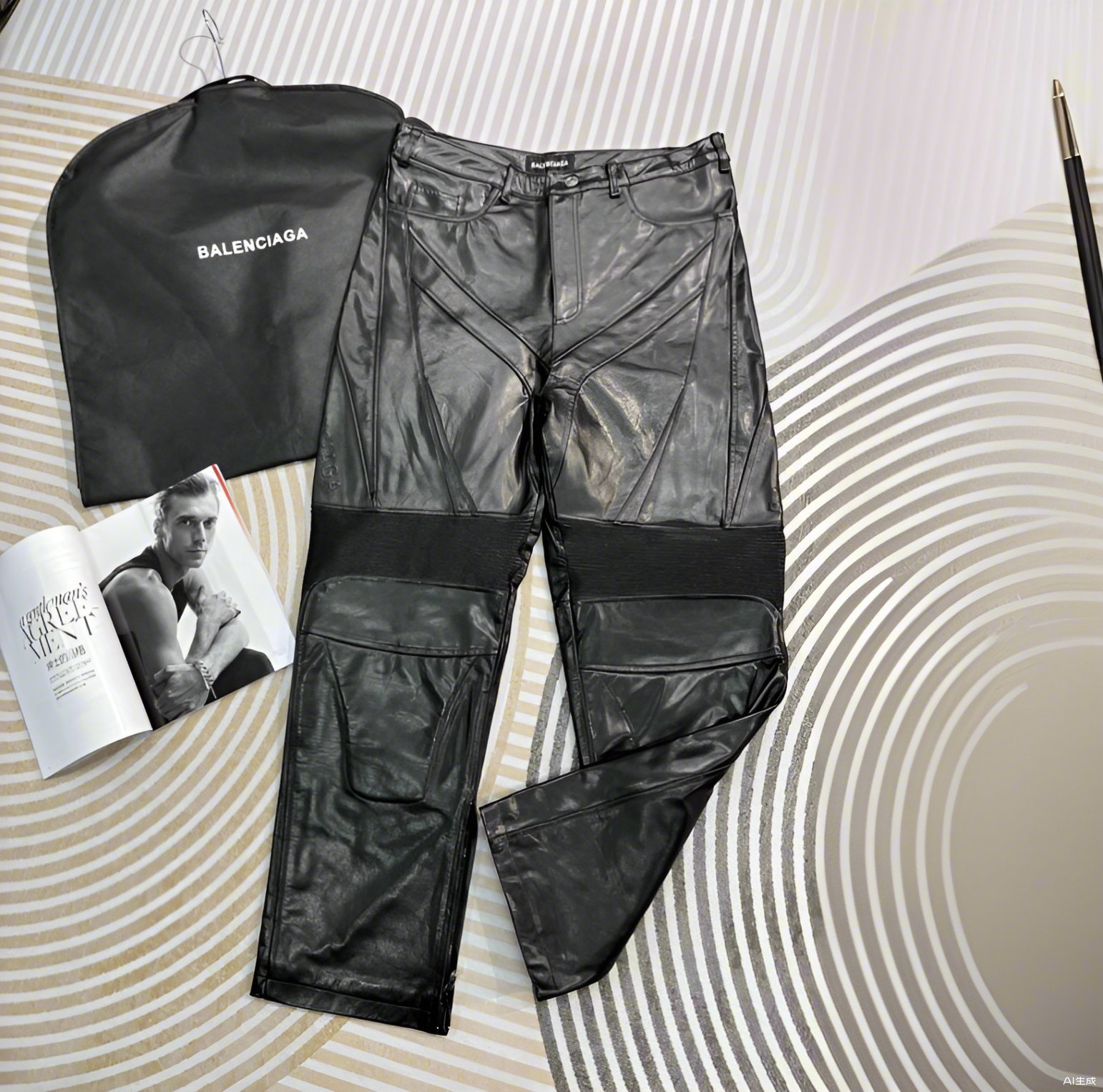 NIGO Balenciaga Men's Spring And Fall Monogrammed Black Zipper Long Sleeve Leather Biker Jacket Leather Pants Suit Set #nigo73678