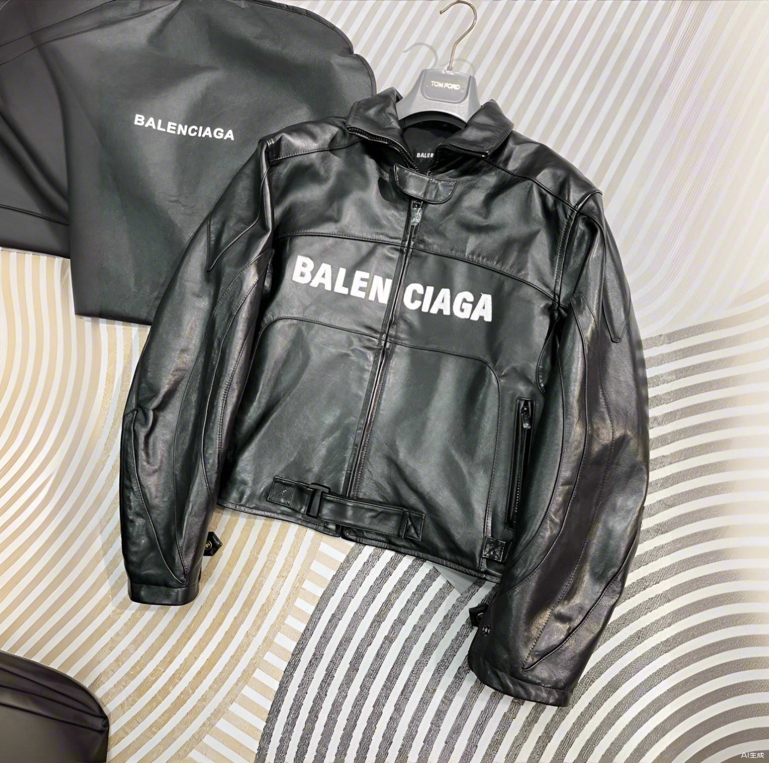 NIGO Balenciaga Men's Spring And Fall Monogrammed Black Zipper Long Sleeve Leather Biker Jacket Leather Pants Suit Set #nigo73678