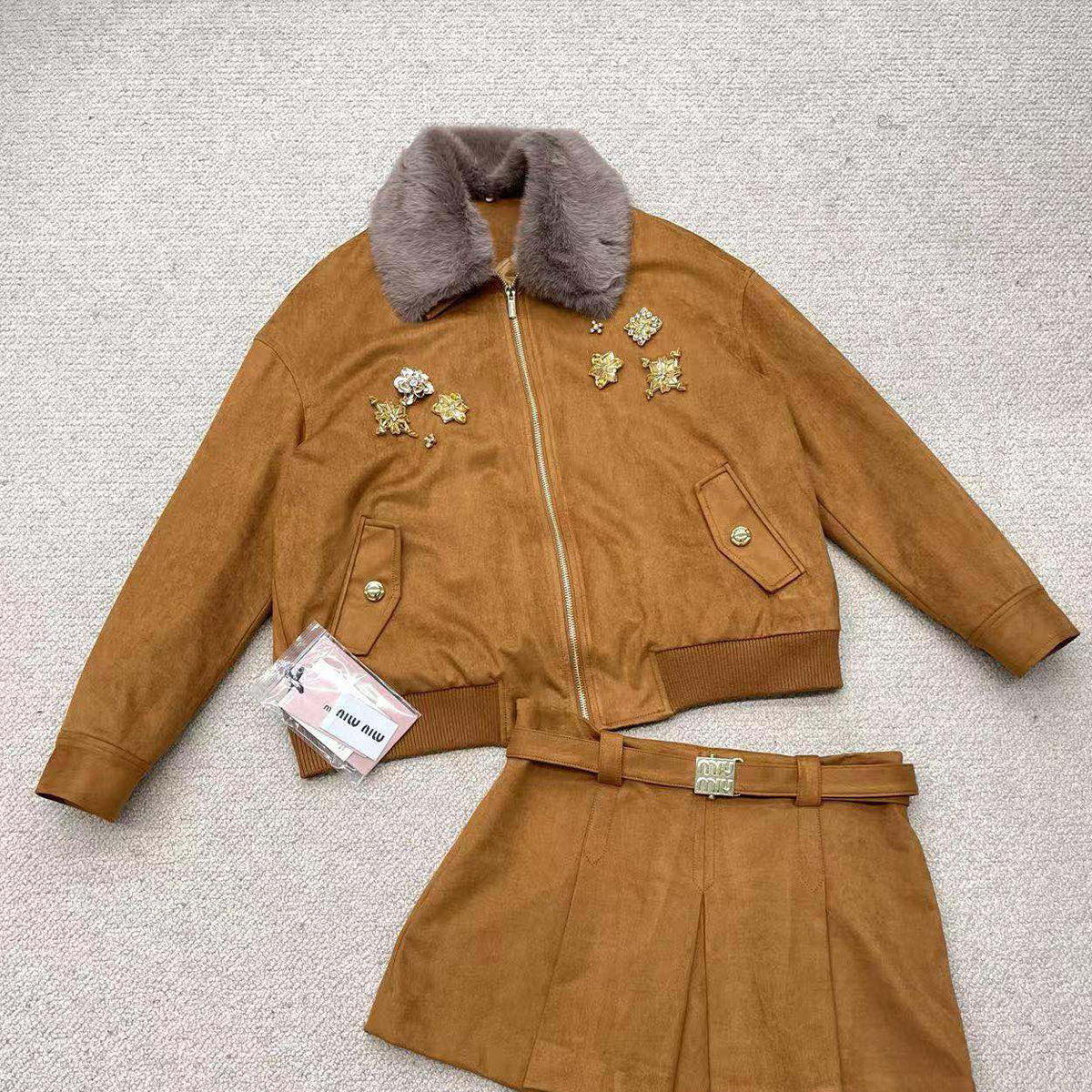 NIGO MiuMiu Women's Autumn And Winter Hair Collar Zipper Long Sleeve Jacket Casual Solid Color Half Skirt Ngvp #nigo9474