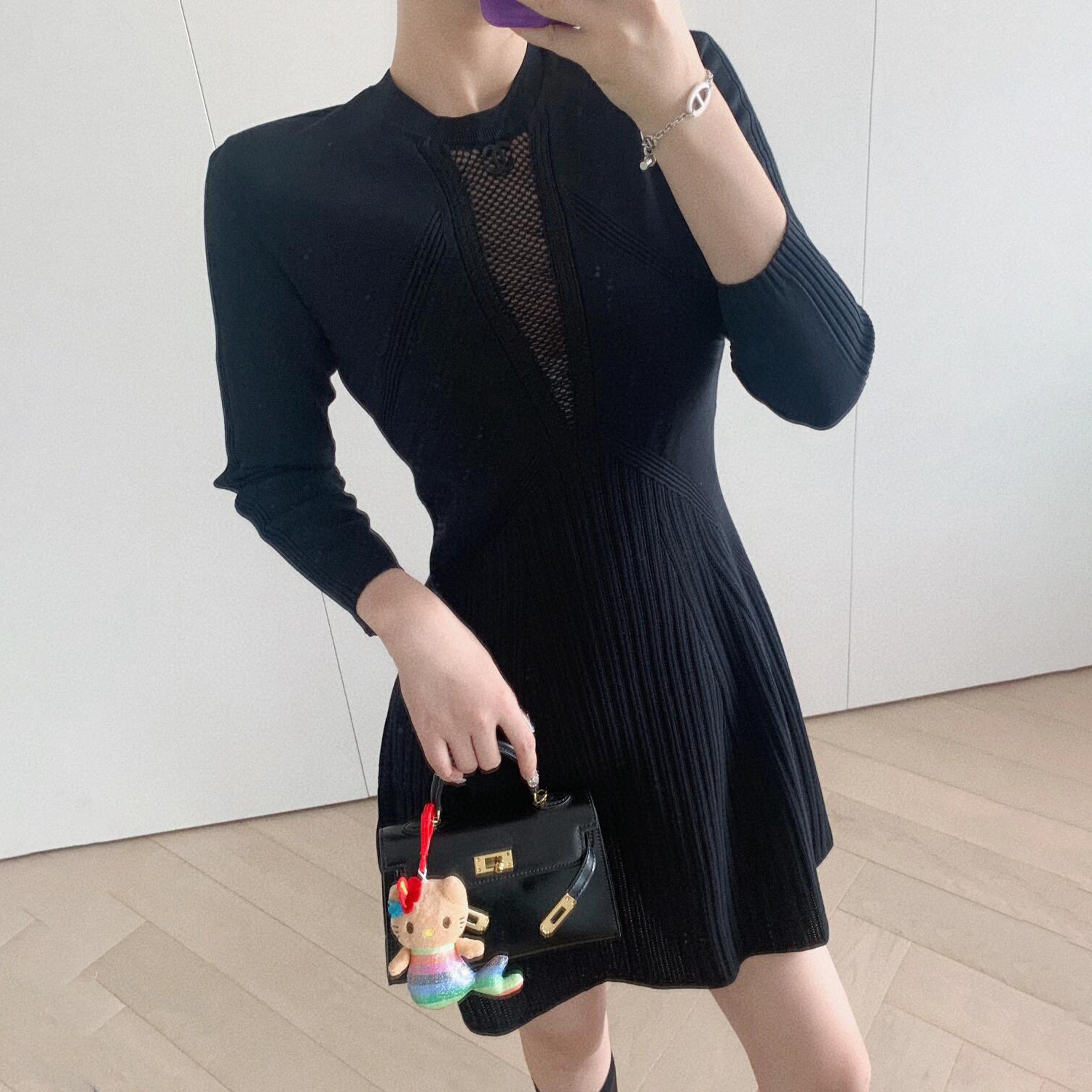NIGO Chanel Women's Spring/Summer Solid Color Hollow Knit Long Sleeve Dresses #nigo73693