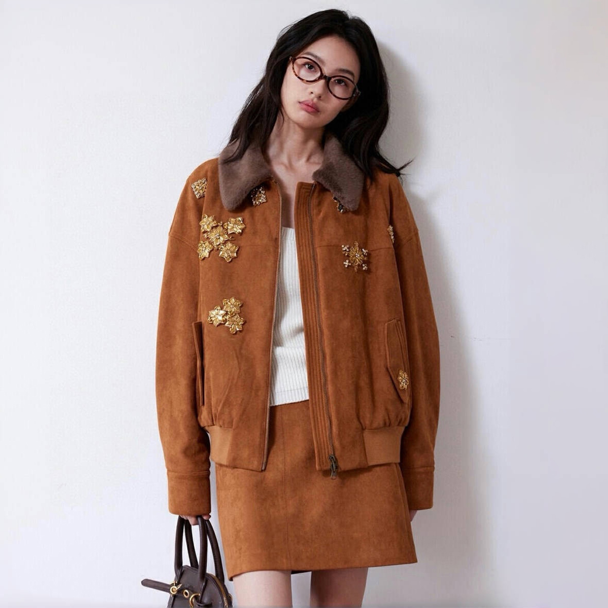 NIGO MiuMiu Women's Autumn And Winter Hair Collar Zipper Long Sleeve Jacket Casual Solid Color Half Skirt Ngvp #nigo9474