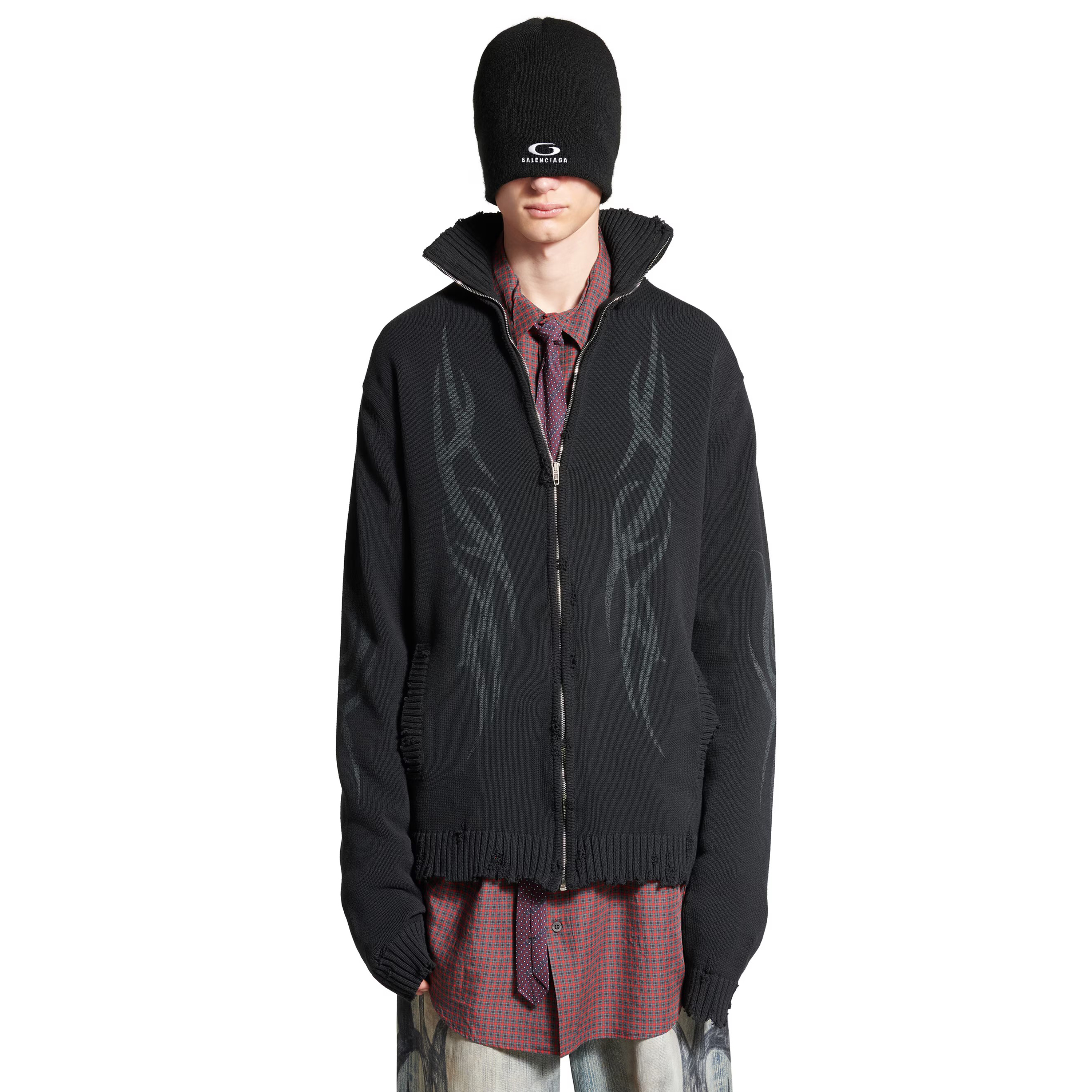 NIGO Balenciaga Men's Spring And Autumn Y2K Old High Neck Zipper Pattern Printed Black Long Sleeve Loose Knit Cardigan Jacket Ngvp #nigo9479