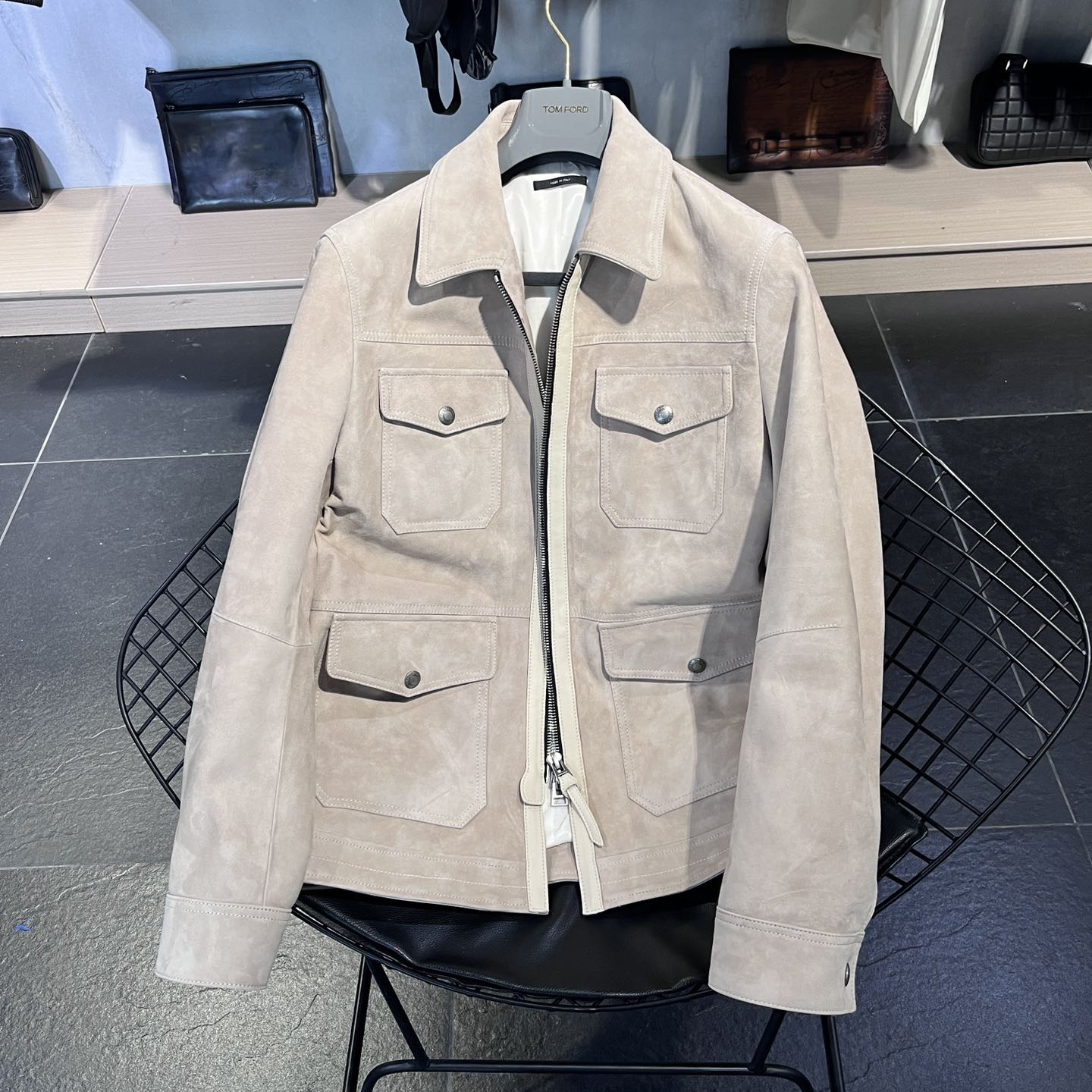 Nigo Tom Ford Men Men's Autumn and Winter Cashmere Leather Solid Color Zipper Long Sleeve Jacket #nigo73699