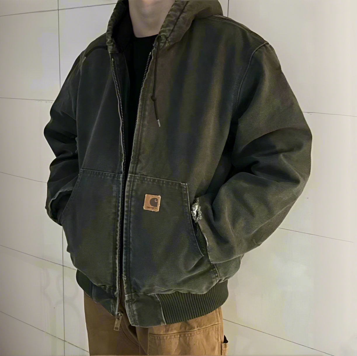 NIGO Carhartt WIP Men's Spring and Autumn Solid Color Washed Canvas Fabric Hooded Zipper Long Sleeve Cotton Jacket #nigo73691