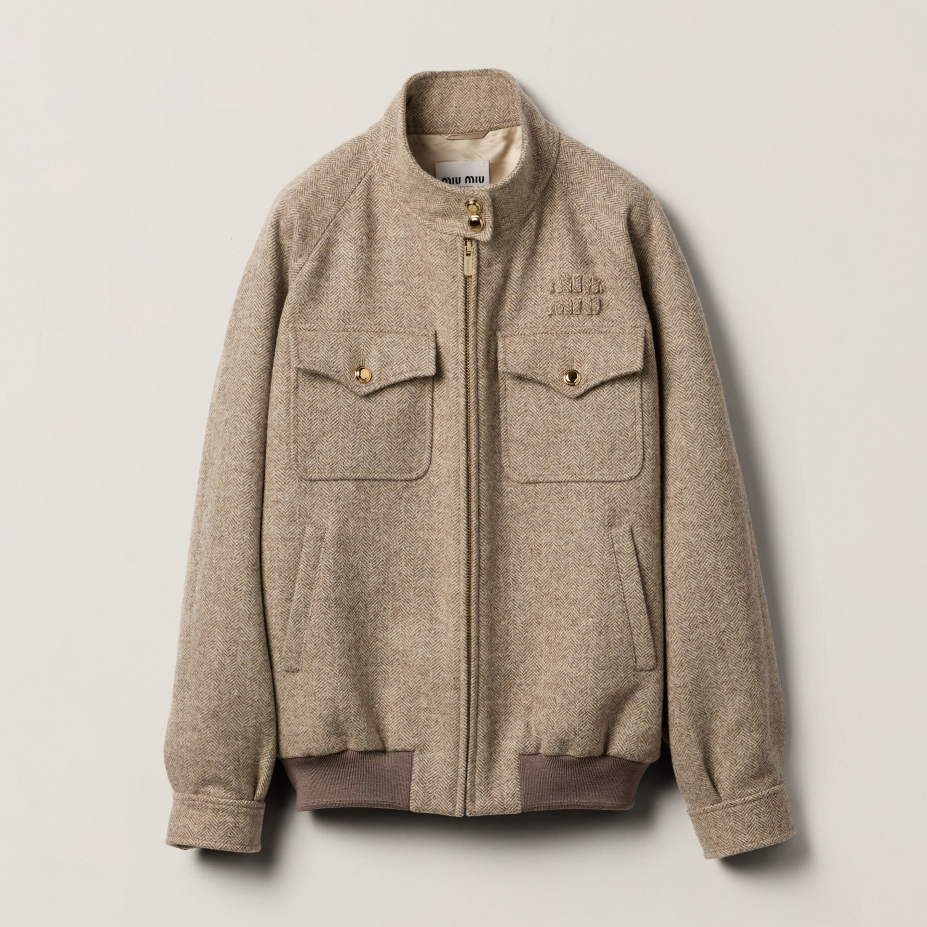 NIGO MiuMiu Women's Spring and Autumn Wool Herringbone Twill Embroidery Logo Standing Collar Zipper Long Sleeve Jacket #nigo73697