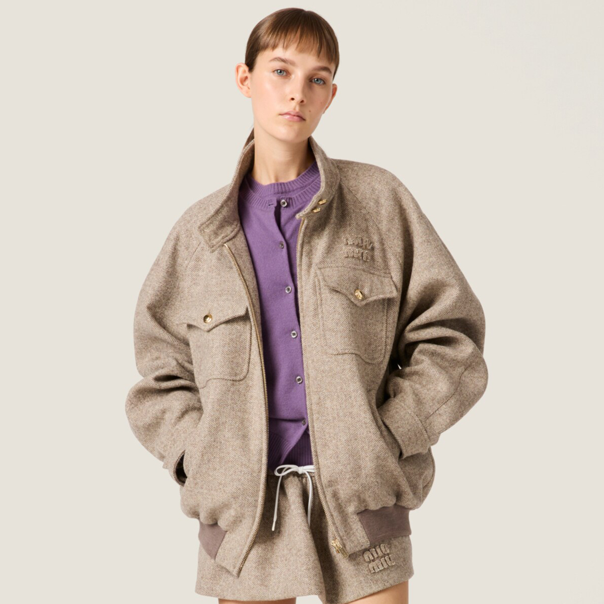 NIGO MiuMiu Women's Spring and Autumn Wool Herringbone Twill Embroidery Logo Standing Collar Zipper Long Sleeve Jacket #nigo73697