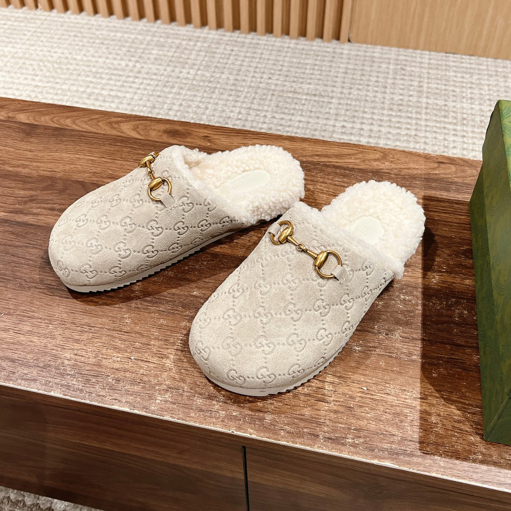 NIGO Gucci Women's Autumn and Winter Suede Alphabet Printed Lamb Suede Slippers Shoes #nigo73695