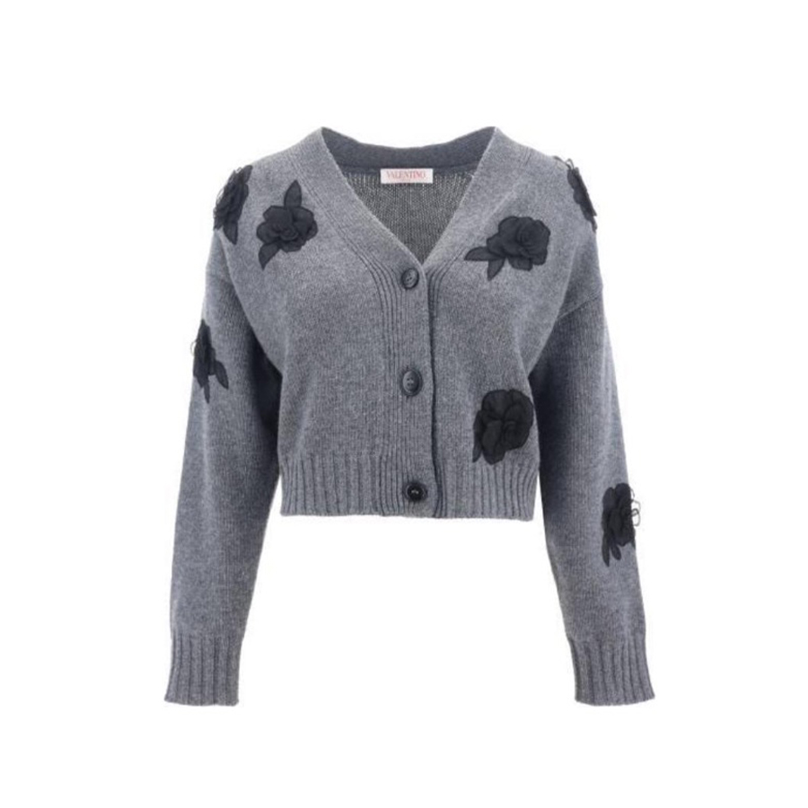 NIGO Valentino Women's Spring And Autumn Rose Embroidery Single Breasted V-Neck Gray Long Sleeve Cardigan Wool Sweater Ngvp #nigo9476