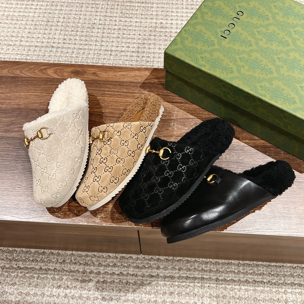 NIGO Gucci Women's Autumn and Winter Suede Alphabet Printed Lamb Suede Slippers Shoes #nigo73695