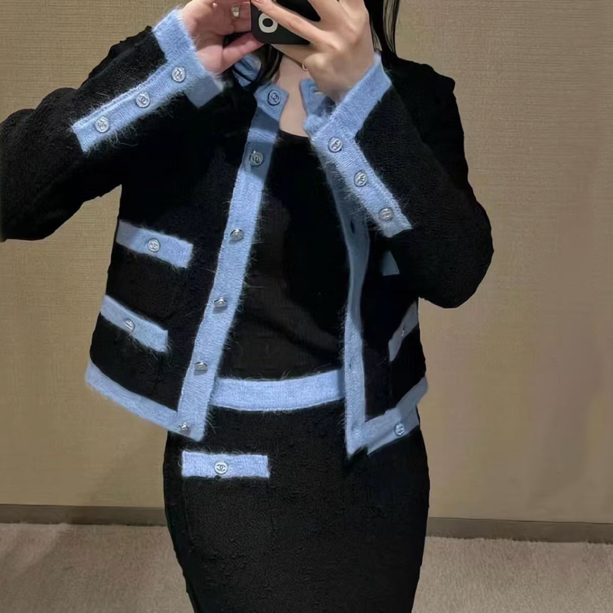 NIGO Chanel Women's Spring & Autumn Colorblocking Wool Knit Cardigan Long Sleeve Jacket Casual Half Skirt Ngvp #nigo9489