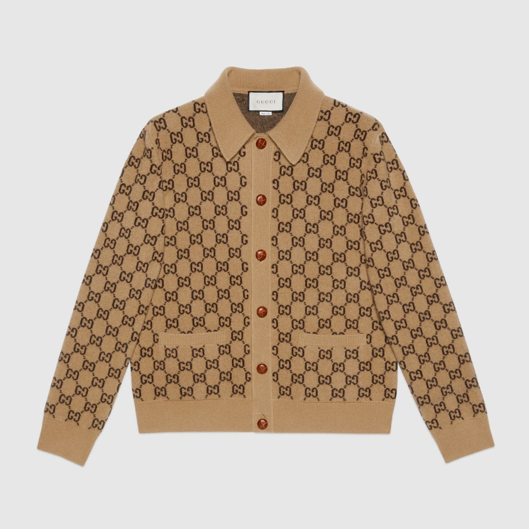 NIGO Gucci Men's Spring And Fall Khaki Monogrammed Single Breasted Wool Knit Long Sleeved Cardigan Jacket #nigo73726