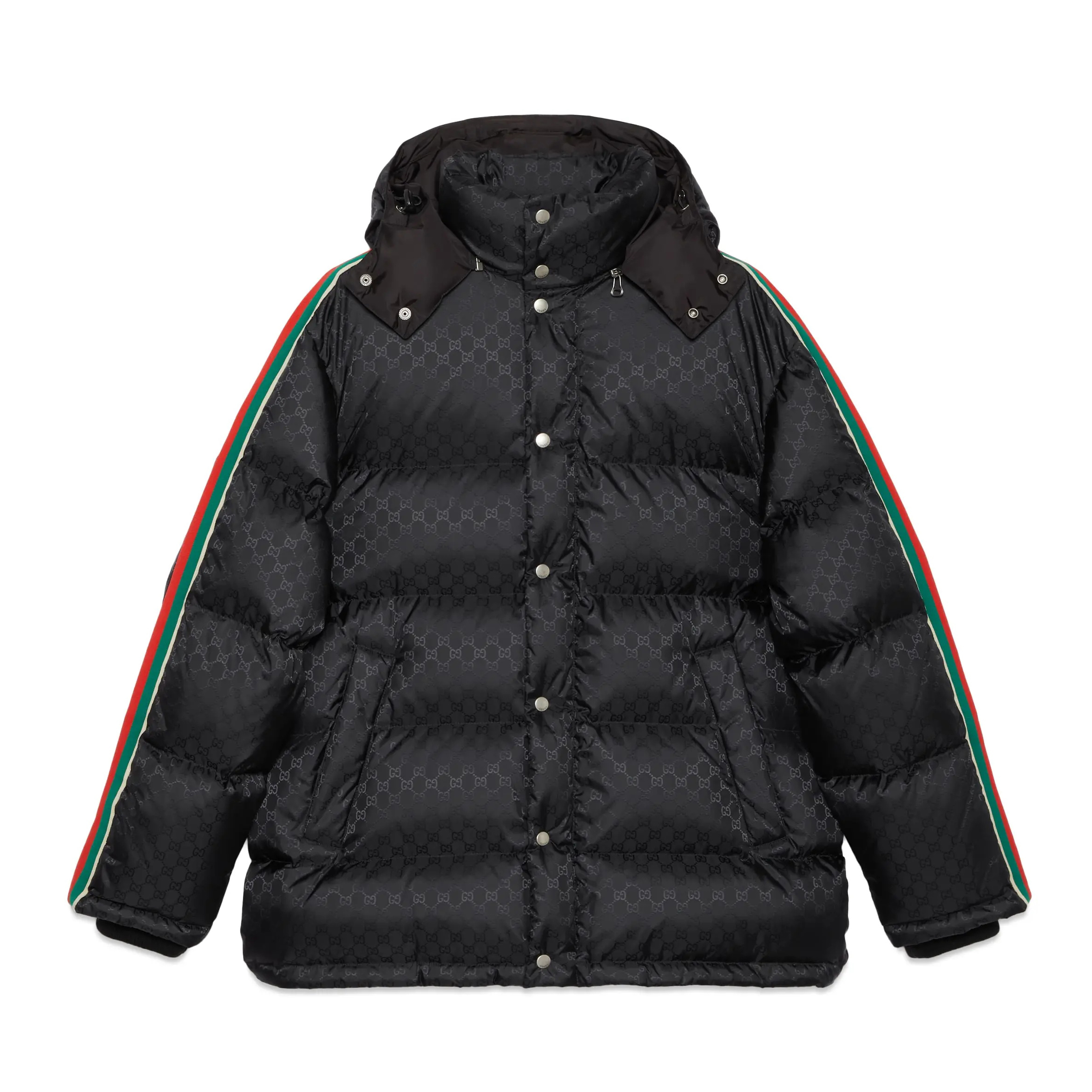 NIGO Gucci Men's Fall/Winter Black Trimmed Webbing GG Nylon Jacquard Hooded Zipper Long Sleeve Puffer Down Jacket #nigo73728