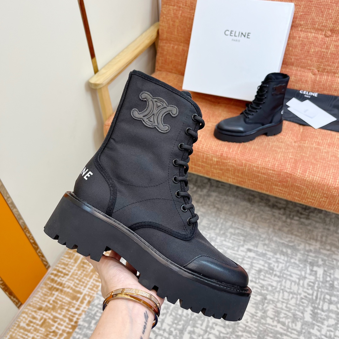 NIGO Celine Bulky Women's Solid Color Comfortable Leather Thick Sole Lace-Up Mid-Length Boots Shoes #nigo73719