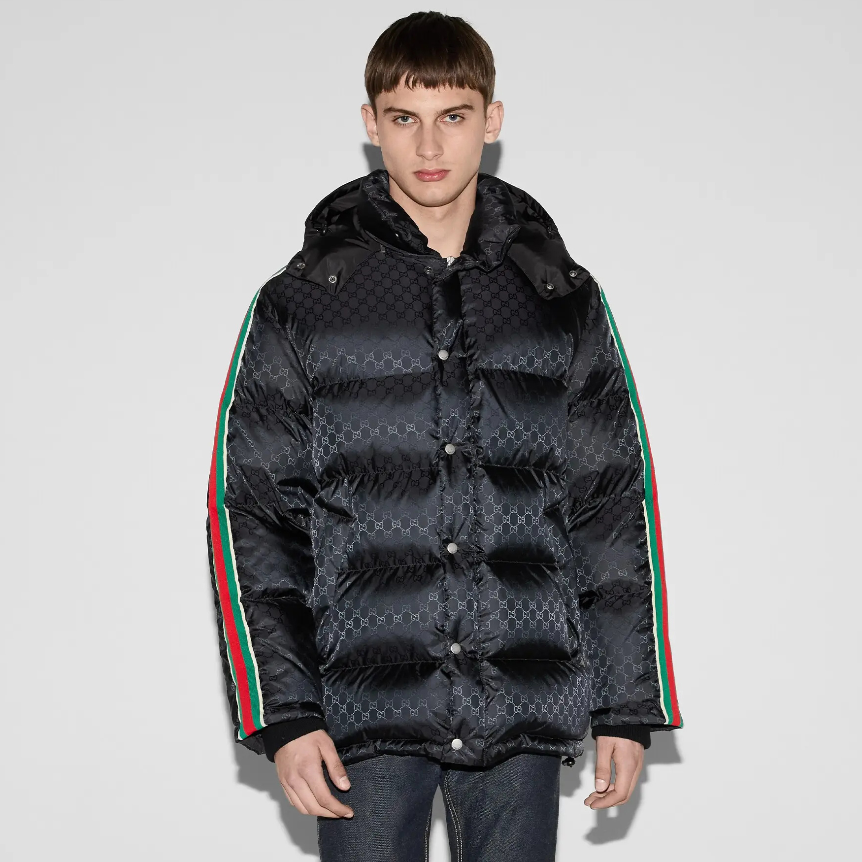 NIGO Gucci Men's Fall/Winter Black Trimmed Webbing GG Nylon Jacquard Hooded Zipper Long Sleeve Puffer Down Jacket #nigo73728