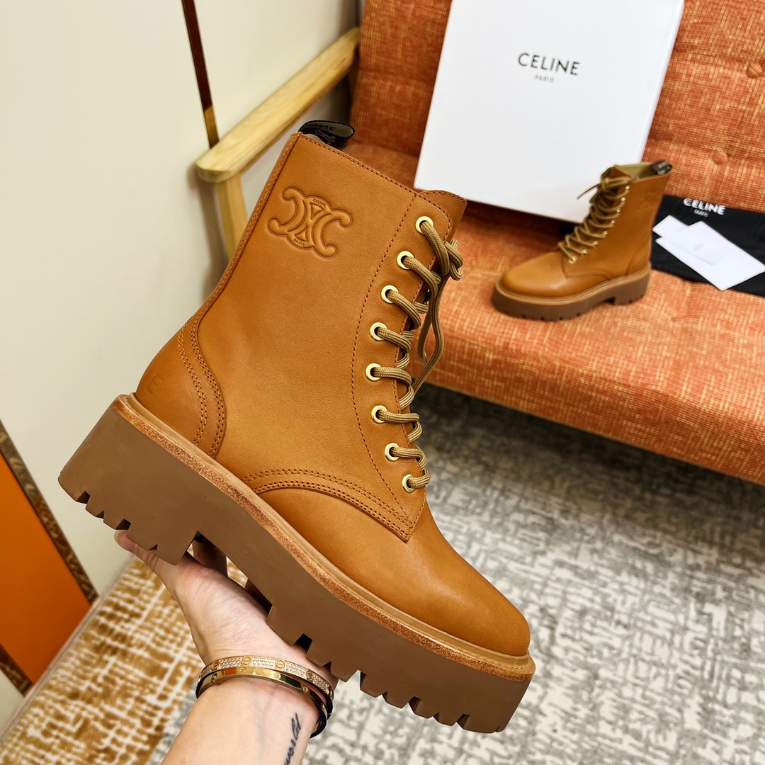 NIGO Celine Bulky Women's Solid Color Comfortable Leather Thick Sole Lace-Up Mid-Length Boots Shoes #nigo73719